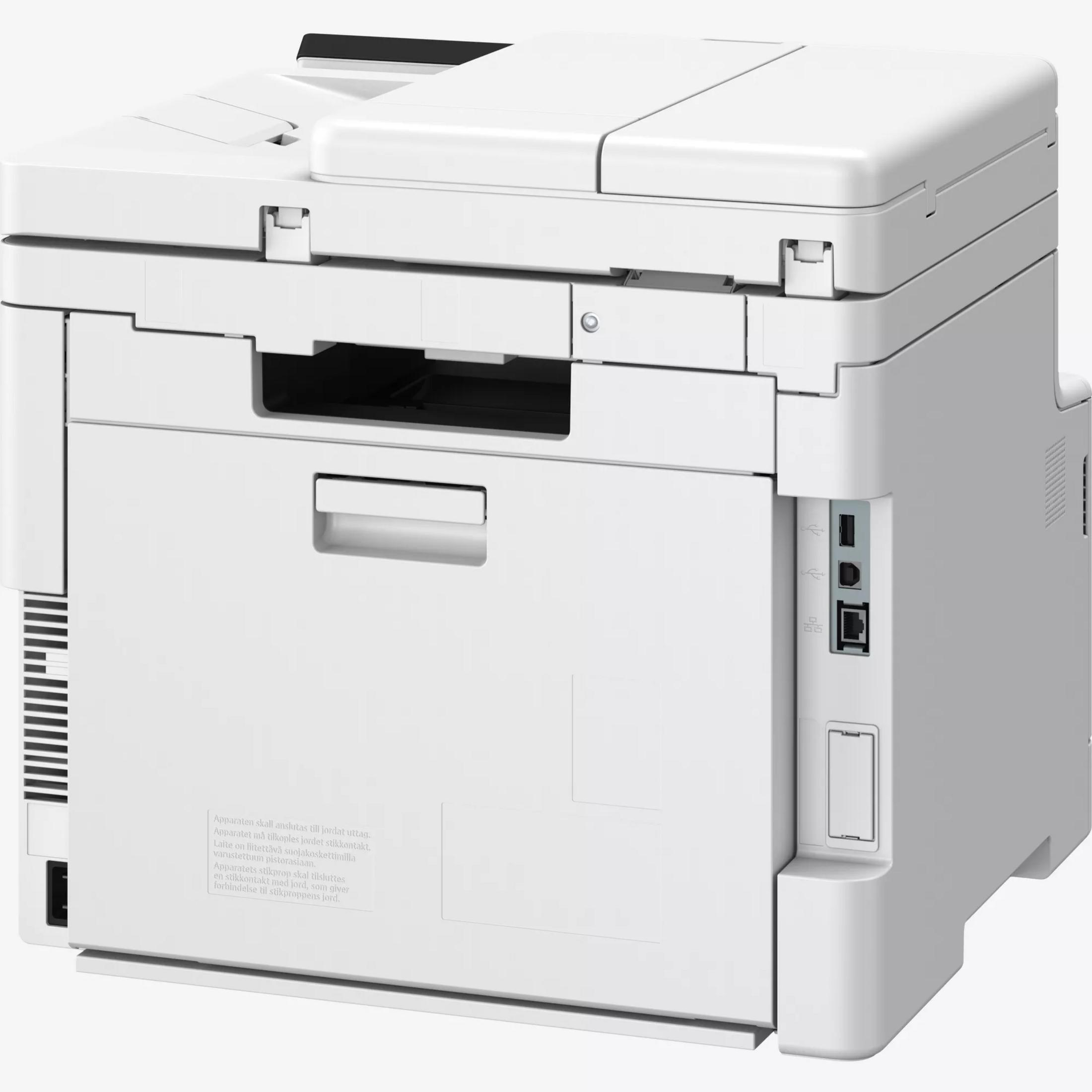 Une imprimante blanche avec scanner supérieur et bac à papier.