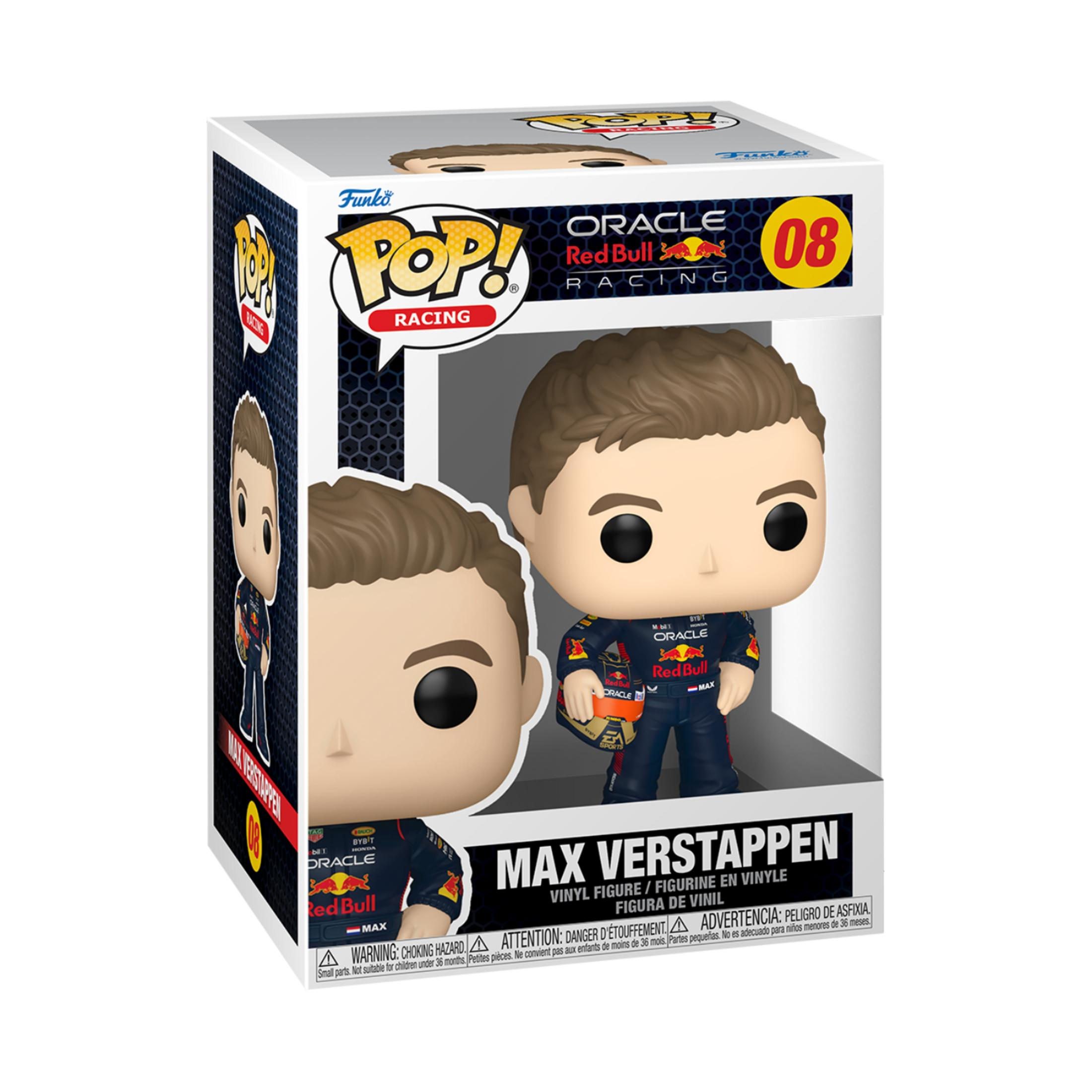 Action figure Funko Pop! di Max Verstappen in tuta Red Bull Racing, tiene casco.