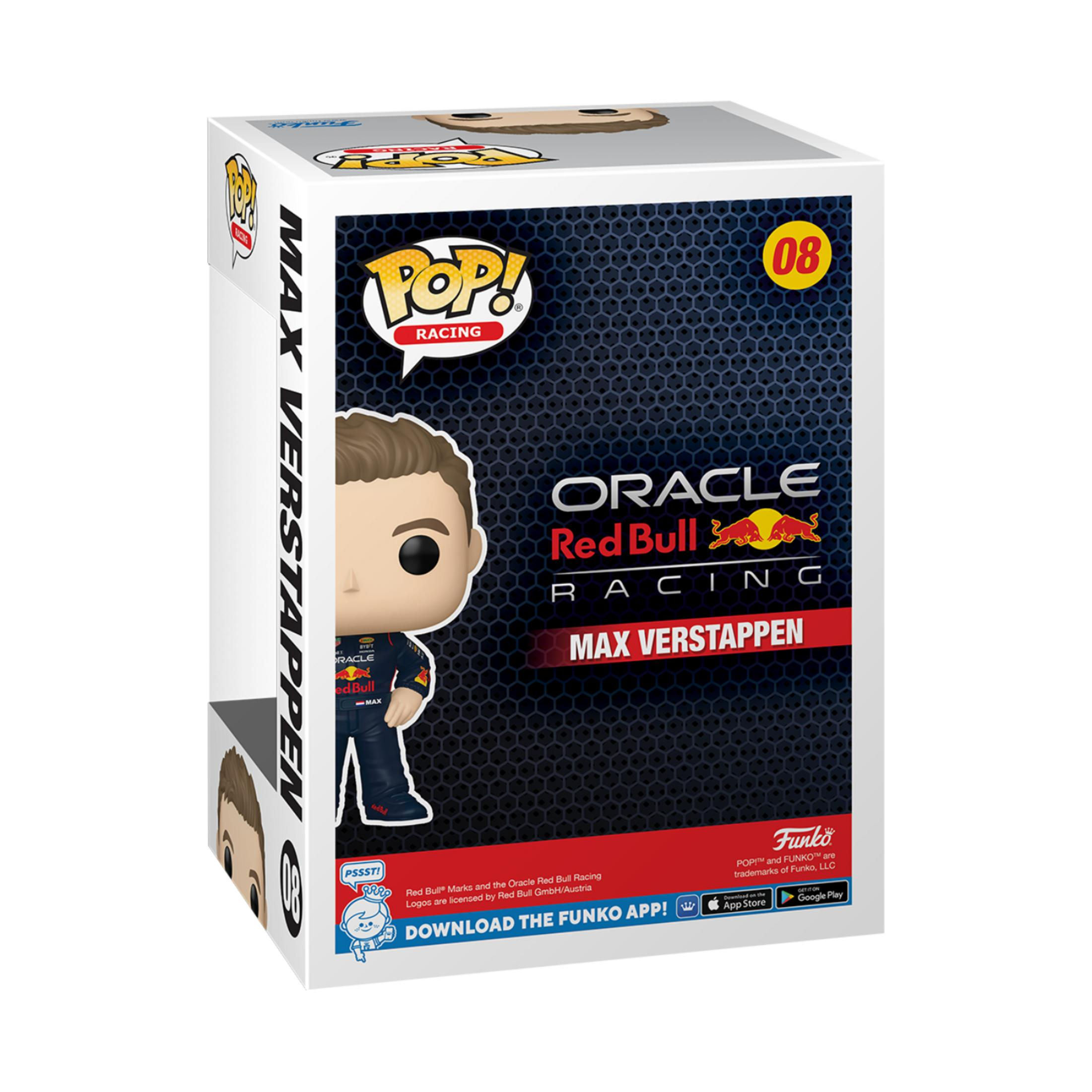 Box Funko Pop! con Max Verstappen, logo Oracle Red Bull Racing e numero 08.