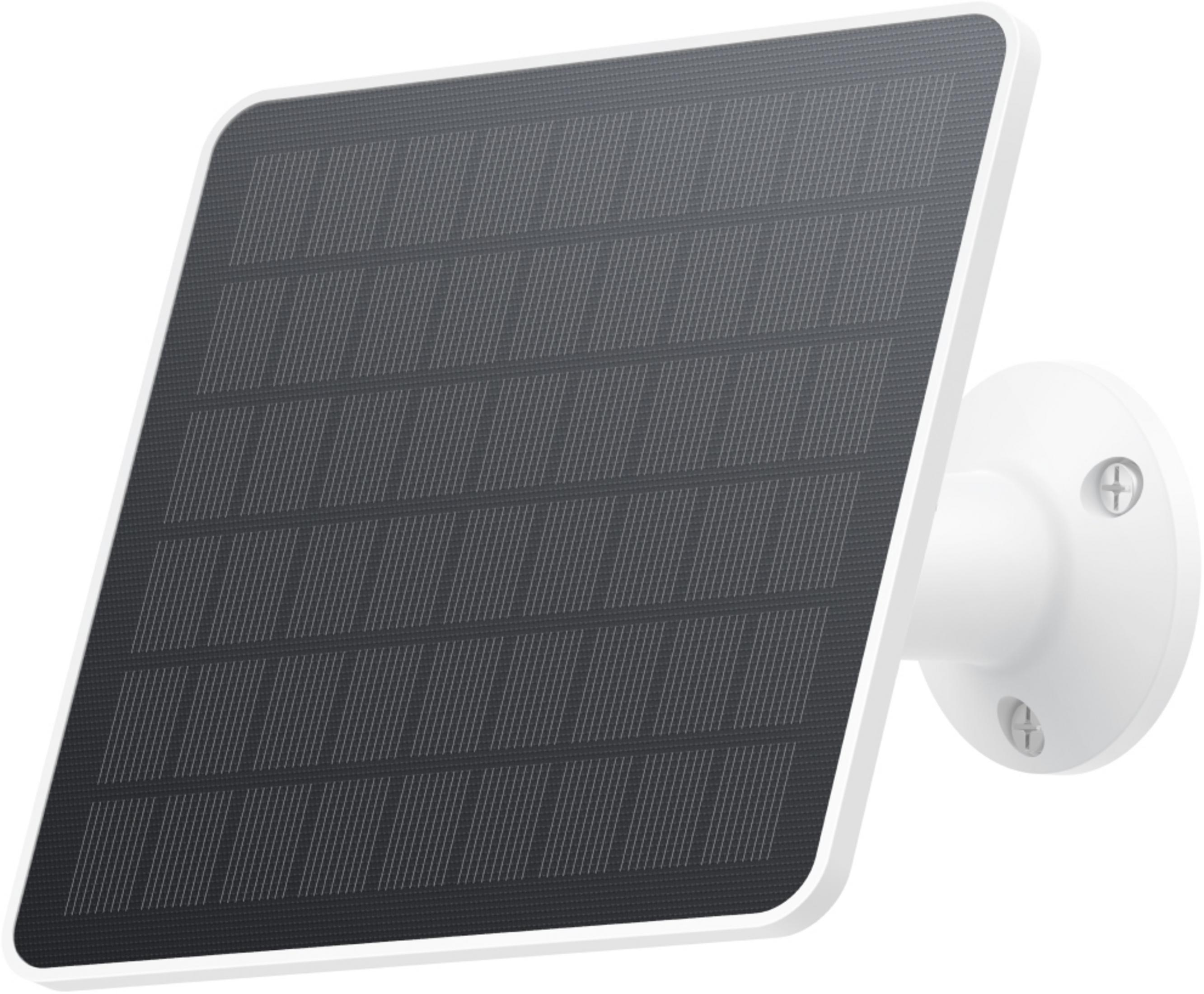 Ein rechteckiges Solarpanel mit weißem Rahmen auf einer weißen Halterung.