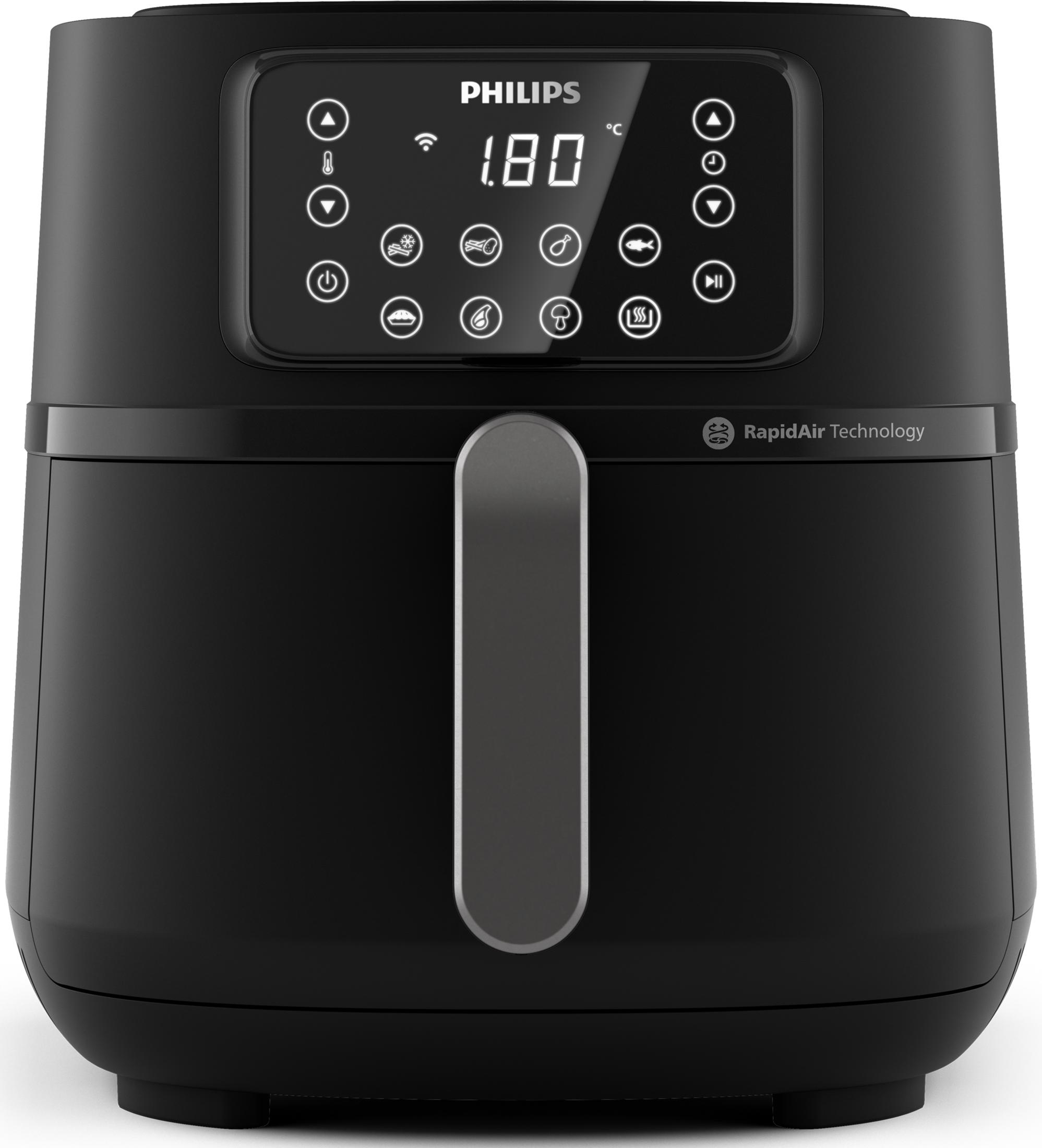 Schwarze Heißluftfritteuse von Philips mit digitalem Display und Bedienelementen.