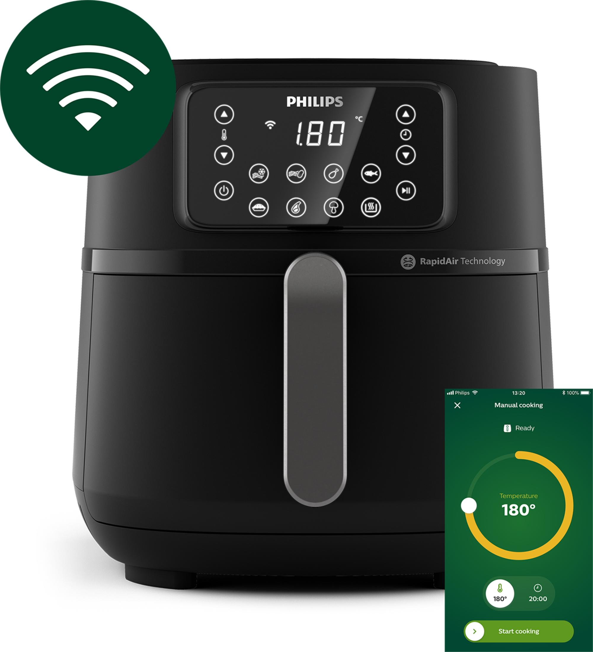 Schwarzer Philips Heißluftfritteuse mit Touchscreen und App-Steuerung.
