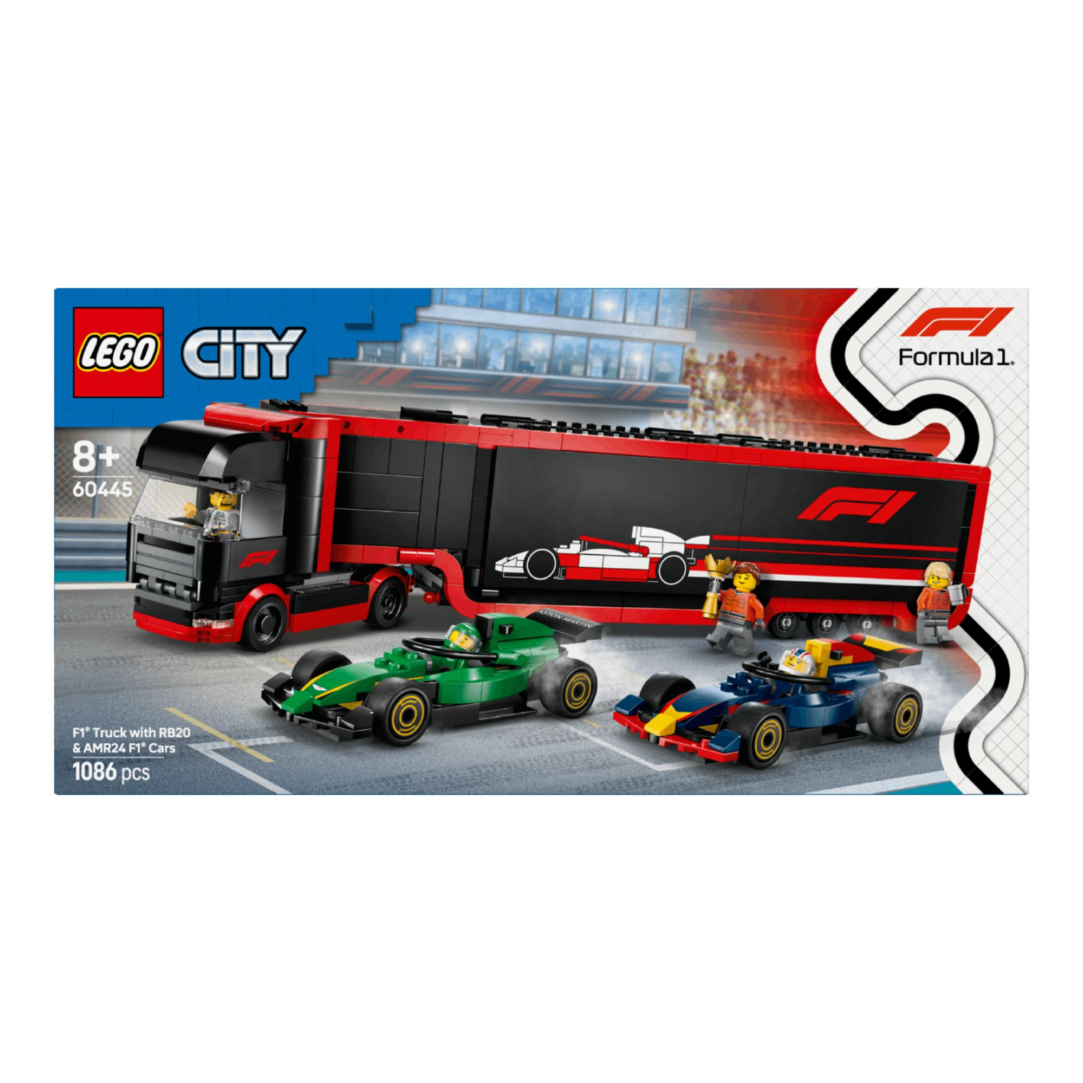 Ciężarówka F1 Lego City z dwoma samochodami wyścigowymi i ludzikami na torze.