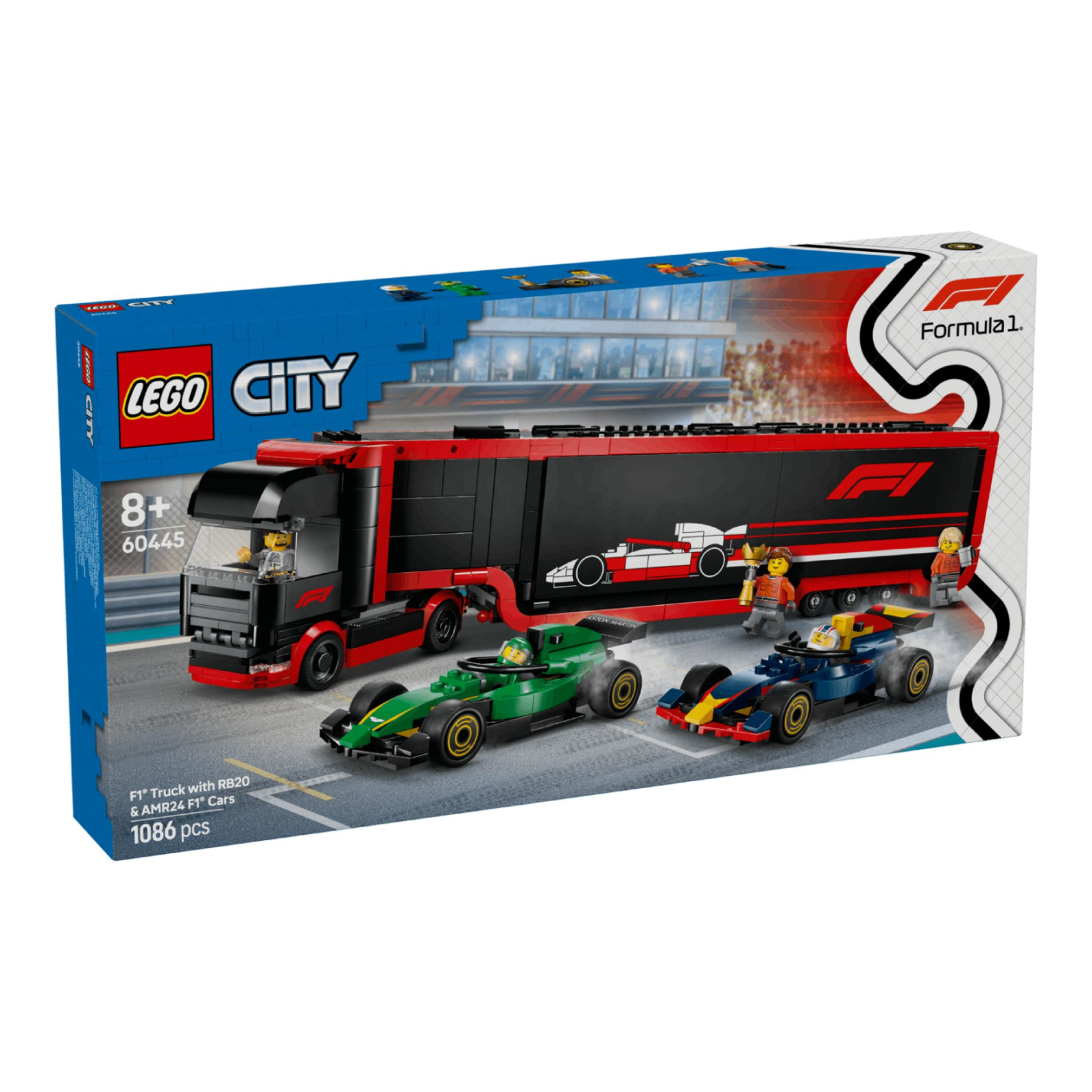 Ciężarówka F1 LEGO City z dwoma samochodami F1 i ludzikami na torze wyścigowym.