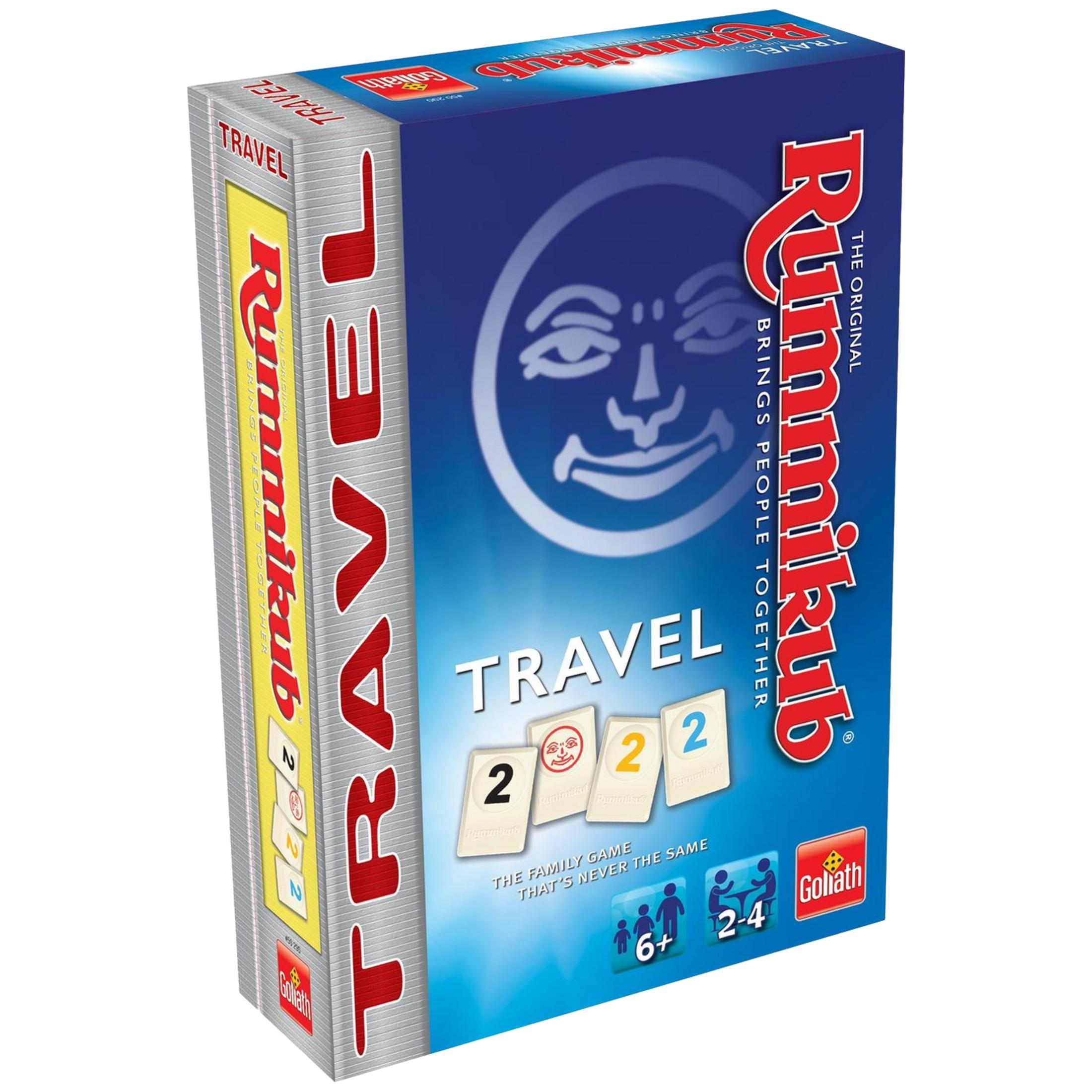 Pudełko gry planszowej Rummikub Travel w niebiesko-srebrnym wzorze.