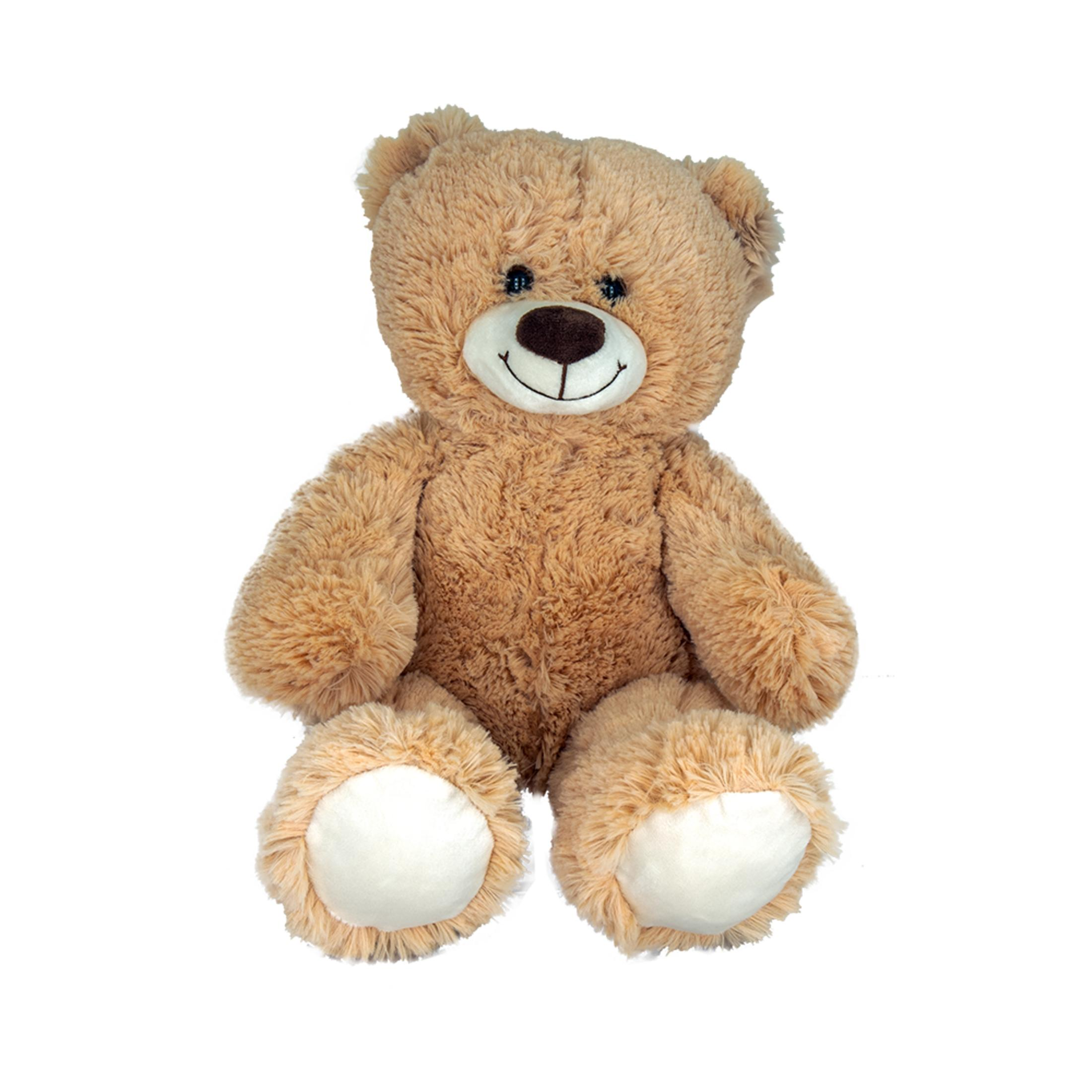 Ein brauner Teddybär sitzt mit weißen Pfoten vor einem weißen Hintergrund.