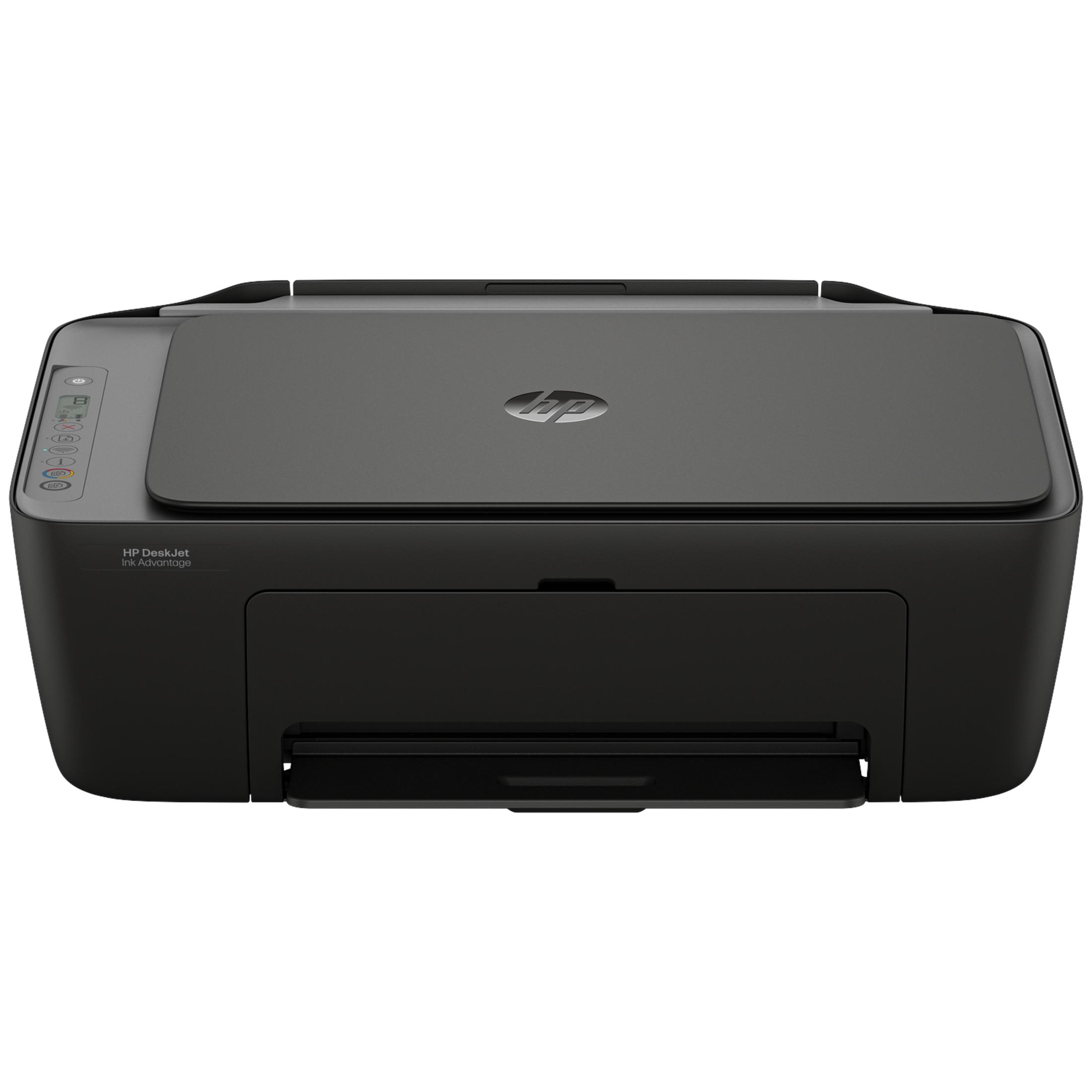 Een zwarte HP DeskJet Ink Advantage printer met bedieningspaneel en HP-logo.