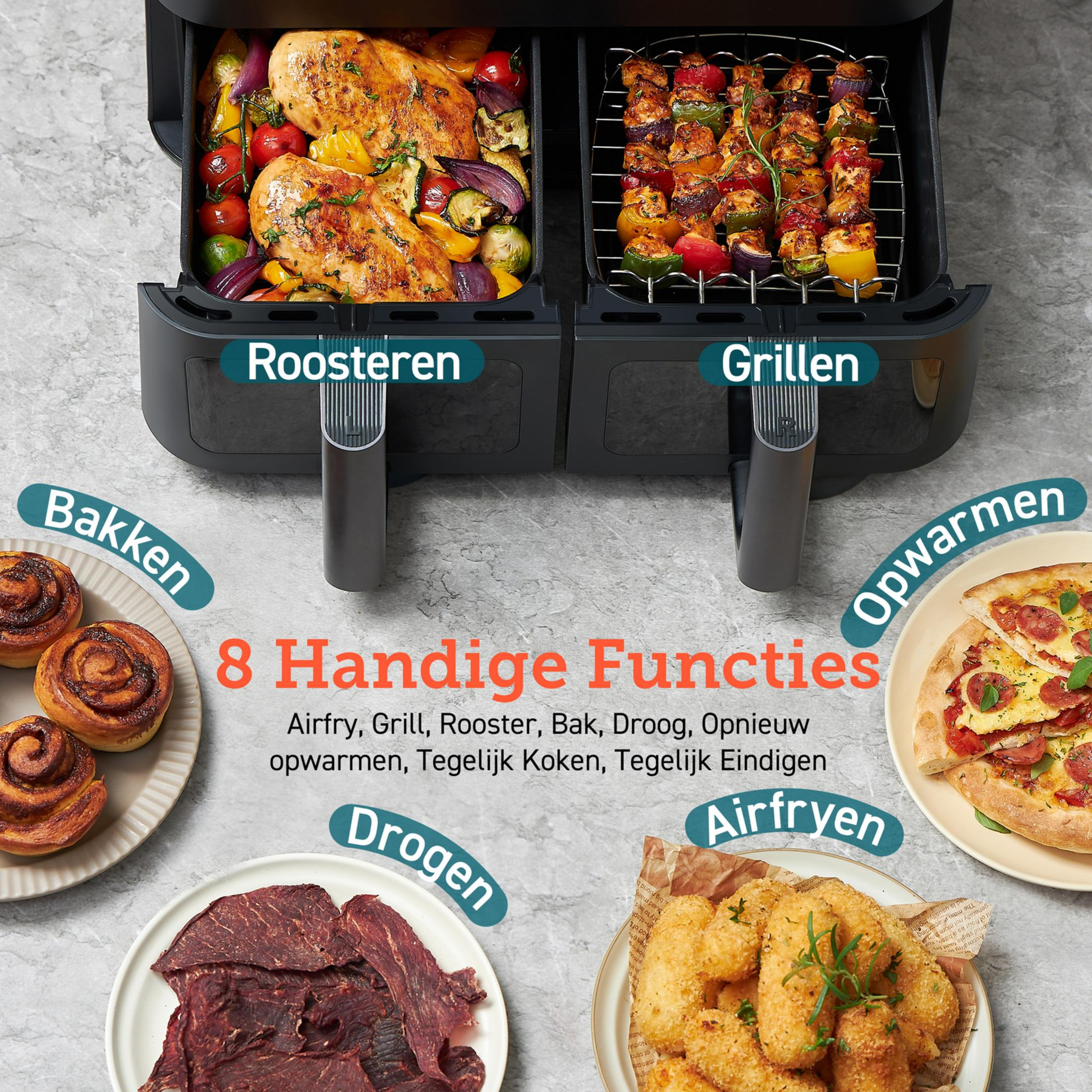 Doppeltes Heißluftfritteusengerät mit verschiedenen Speisen wie Brathähnchen, Spießen, Zimtschnecken, Pizza, Beef Jerky und Frühlingsrollen.