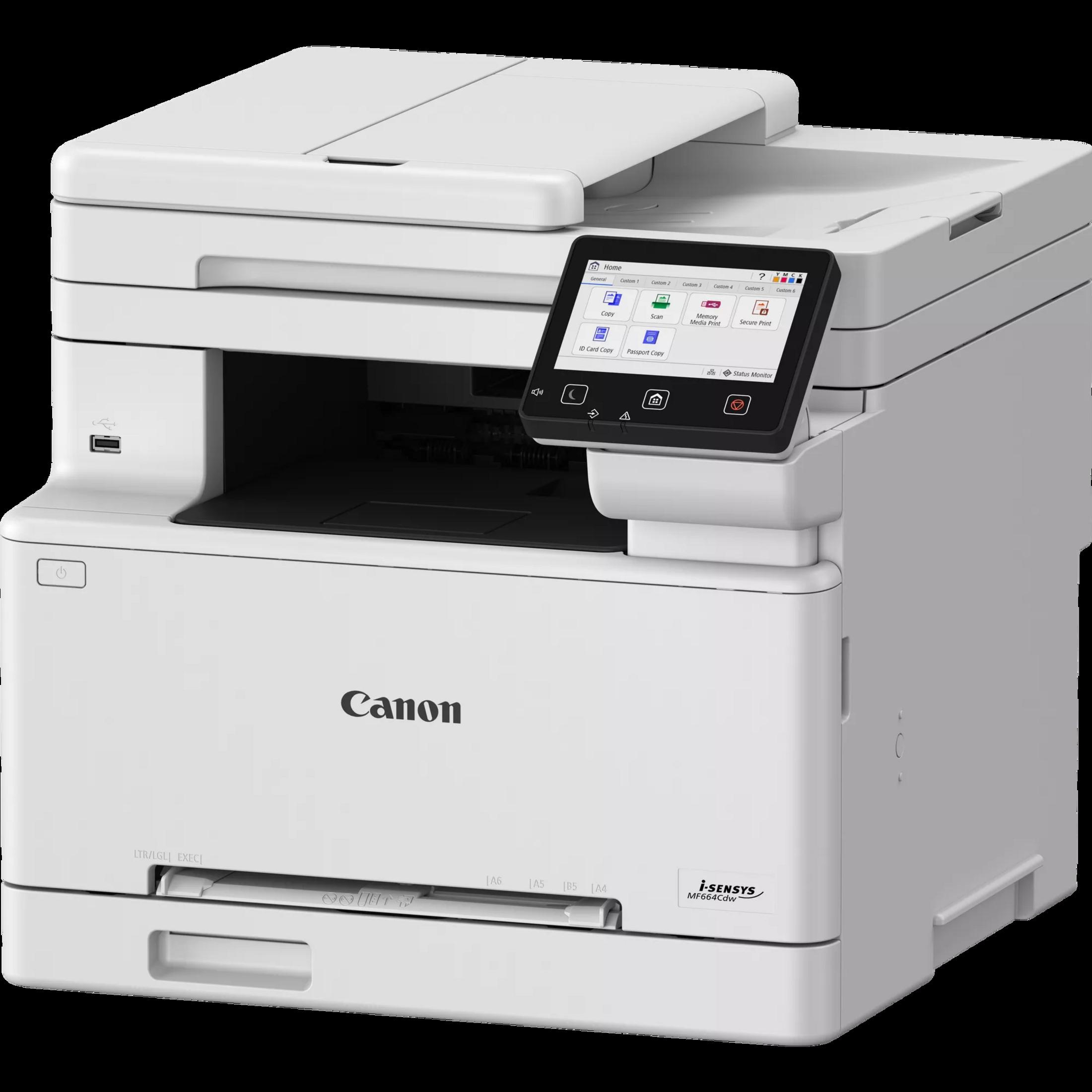 Biała drukarka wielofunkcyjna Canon i-SENSYS MF664Cdw z ekranem dotykowym.