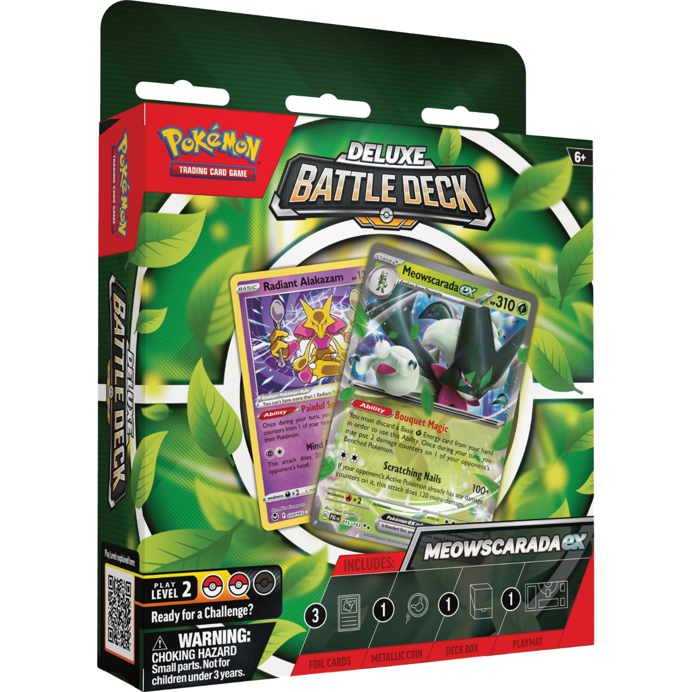 Paquete Pokémon Deluxe Battle Deck con cartas Radiant Alakazam y Meowscarada ex.