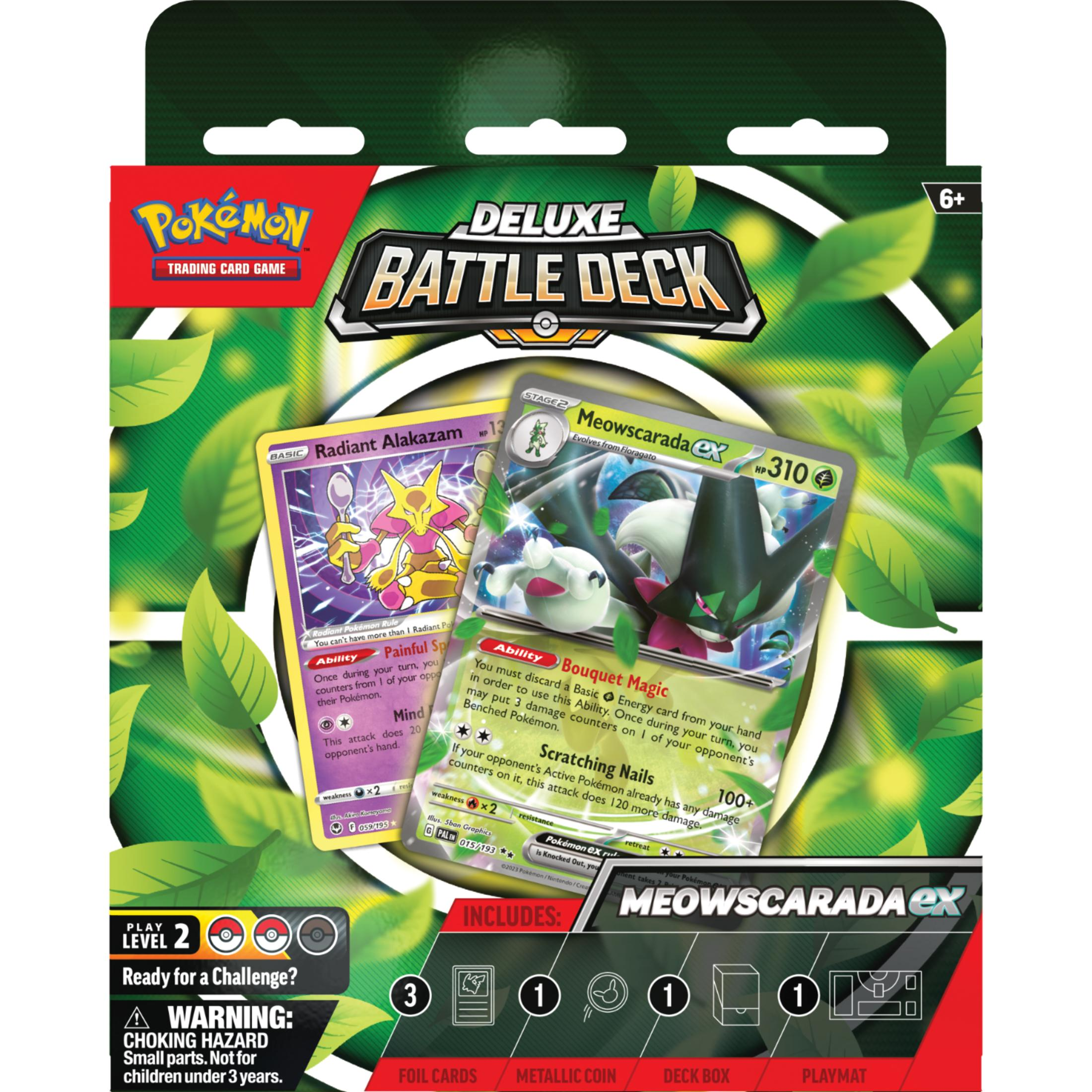 Pokémon Deluxe Battle Deck con cartas Radiant Alakazam y Meowscarada EX.
