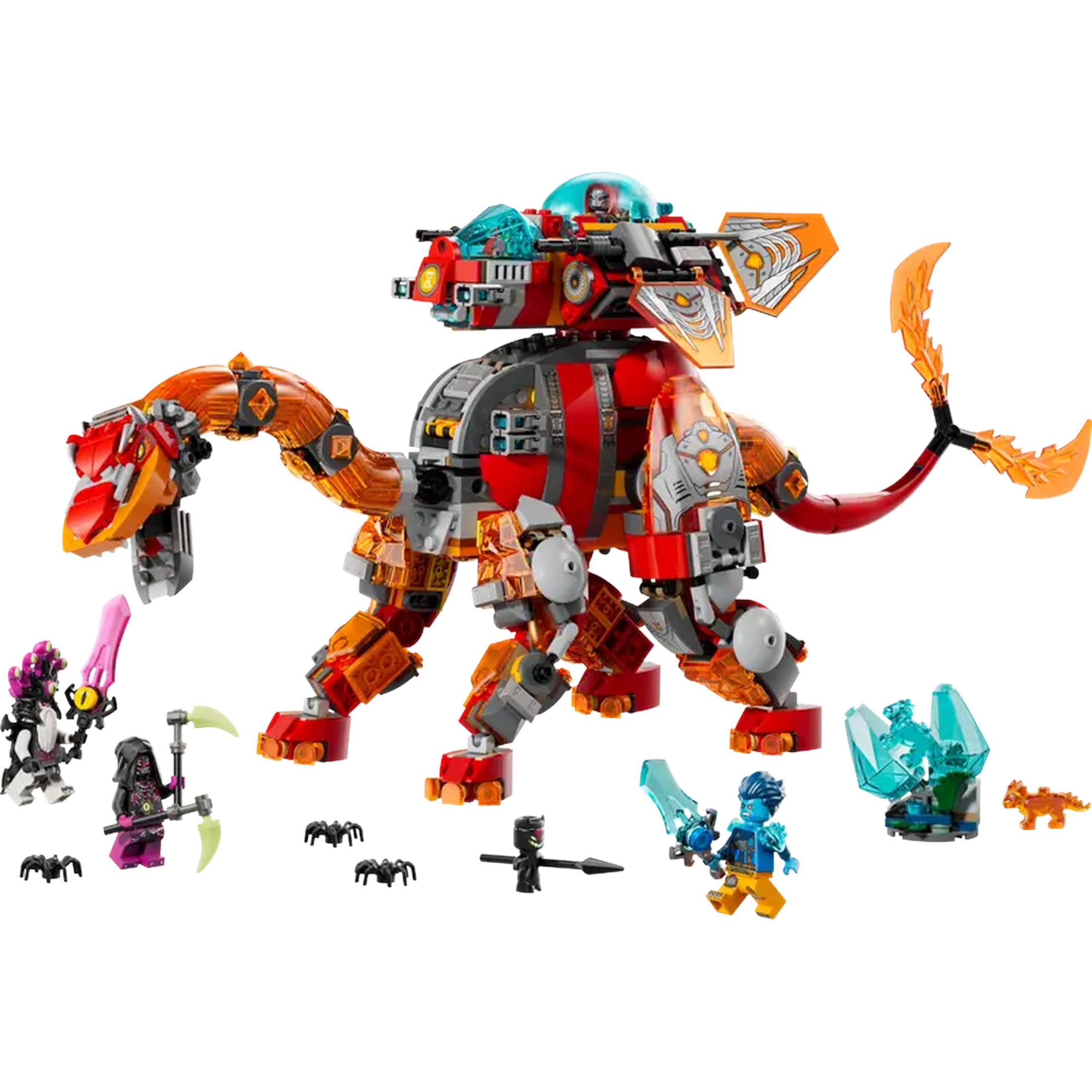 Turuncu şeffaf parçalara ve figürlere sahip kırmızı bir Lego hayvan meki.