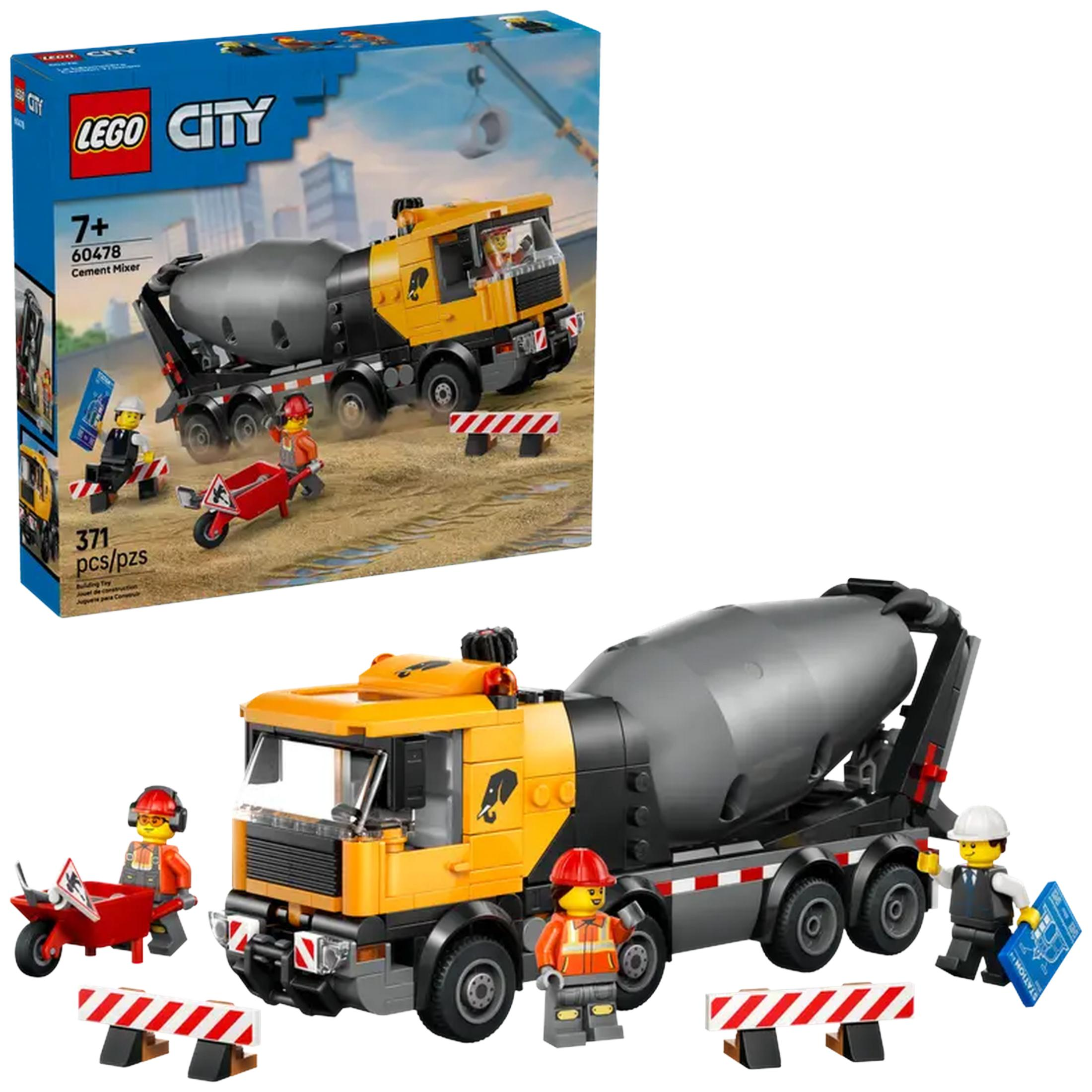 Betoniarka LEGO City z figurkami, taczką i barierami budowlanymi.