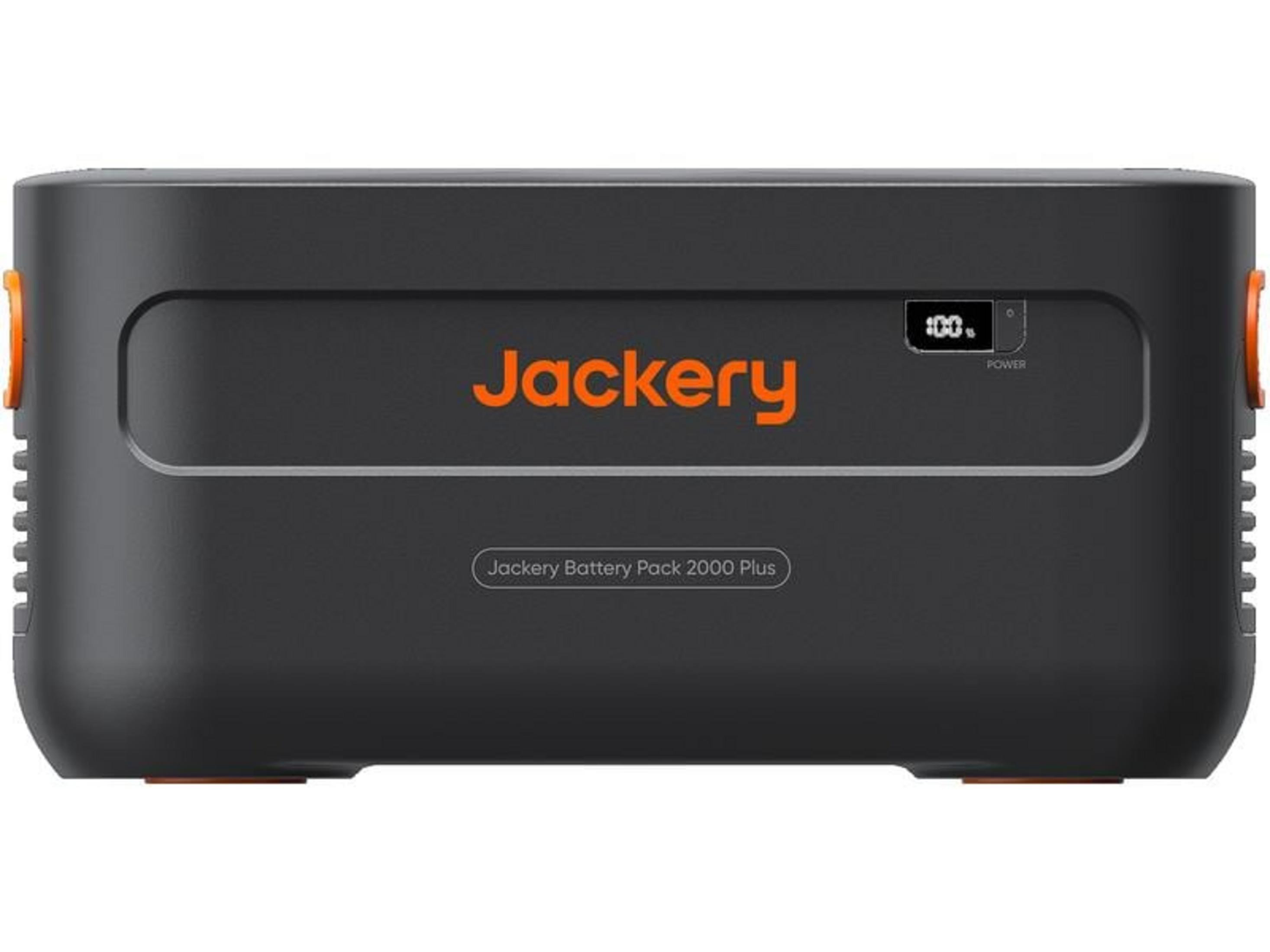 Zwarte Jackery Powerstation 2000 Plus met 100% lading, oranje handgrepen.