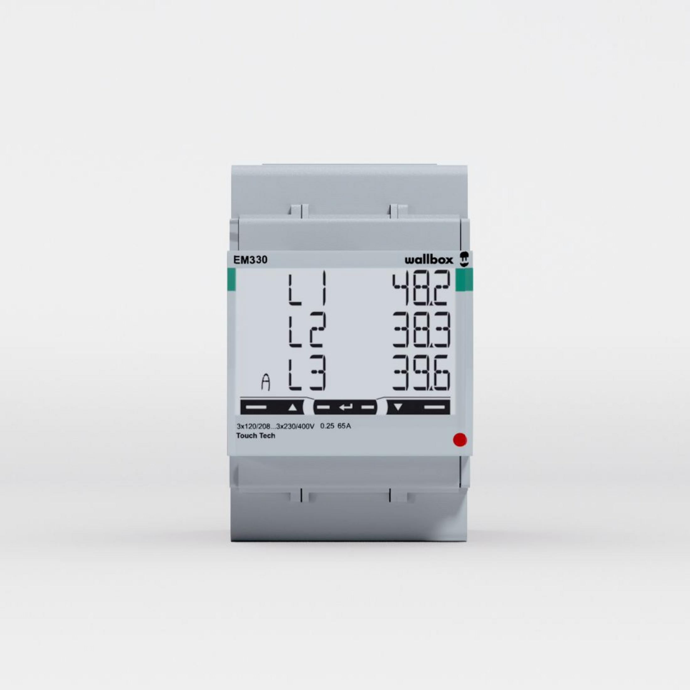 Ein graues Messgerät mit digitaler Anzeige zeigt L1, L2, L3 und Messwerte.