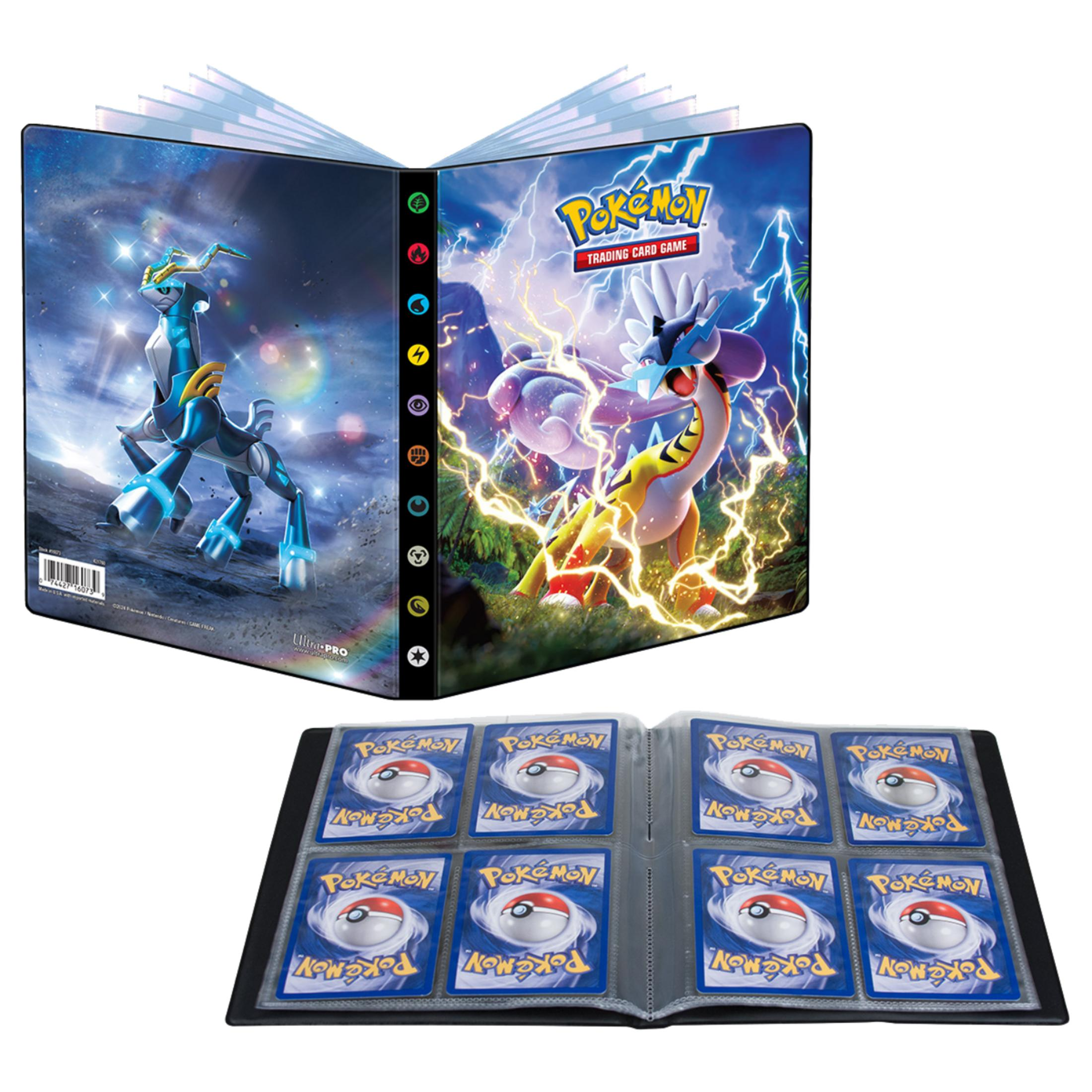 Ein Pokémon-Kartenalbum mit einer blauen Kreatur links und einer gelben Kreatur rechts.