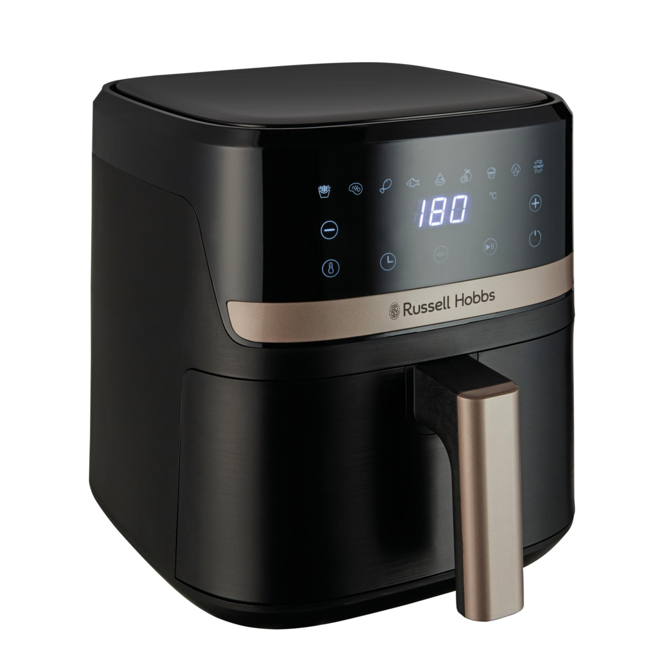 Ein schwarzer Russell Hobbs Heißluftfritteuse mit digitaler Anzeige und silbernem Griff.