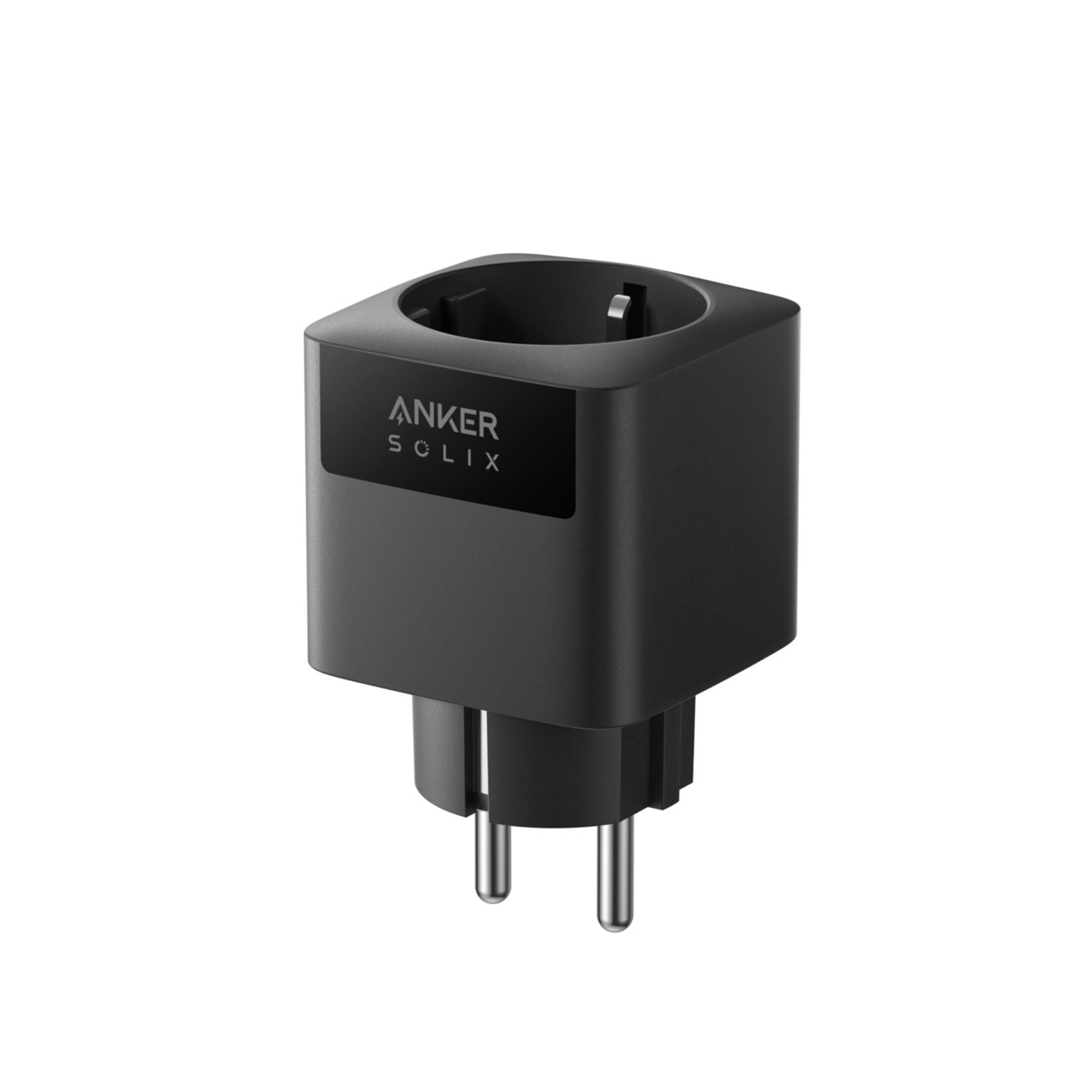 Un adattatore di spina Anker Solix nero con due perni metallici.
