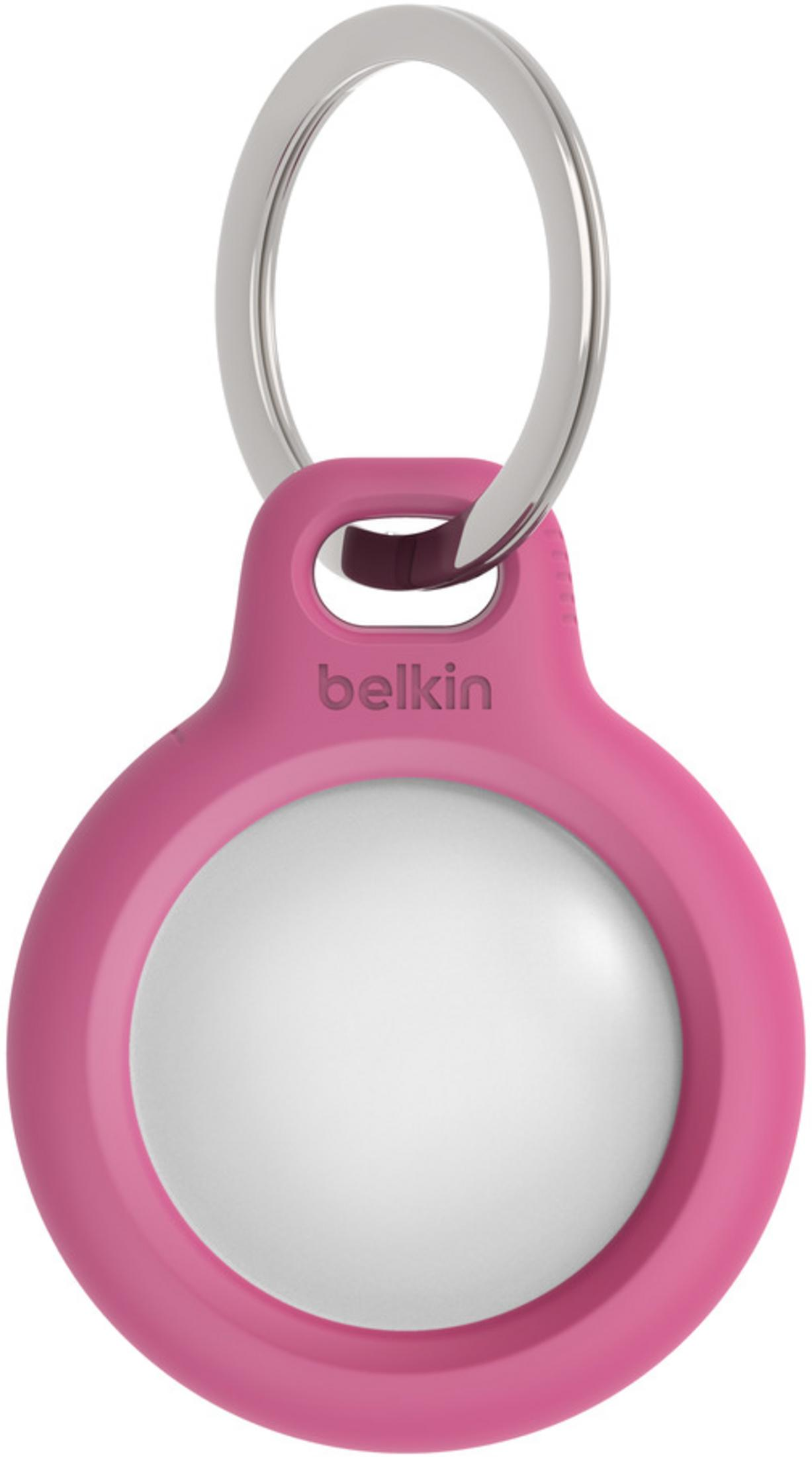 Een roze sleutelhanger met een zilveren ring. Het Belkin-logo staat bovenaan.