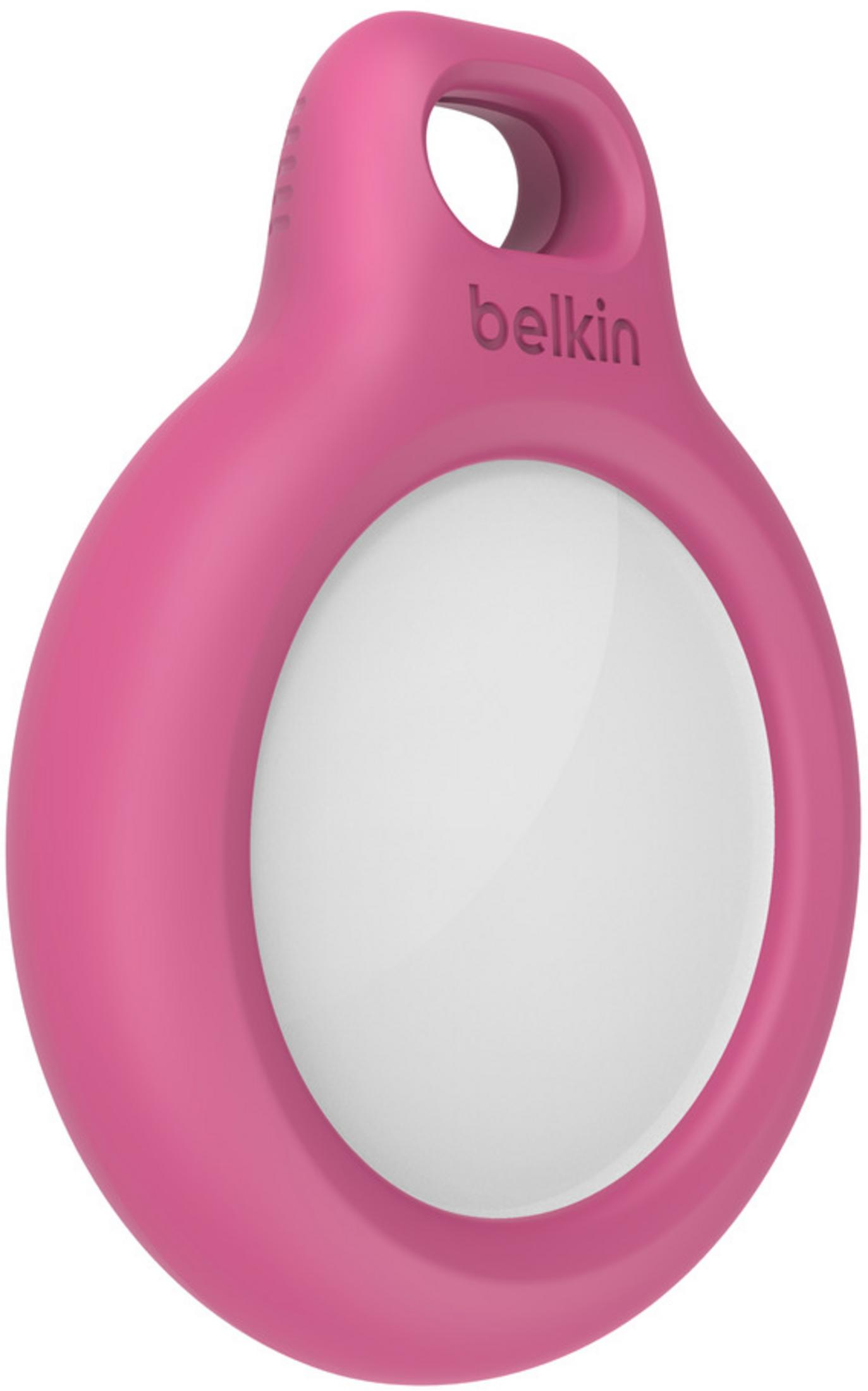 Een roze Belkin tracker met een wit middenstuk en een lus bovenaan.