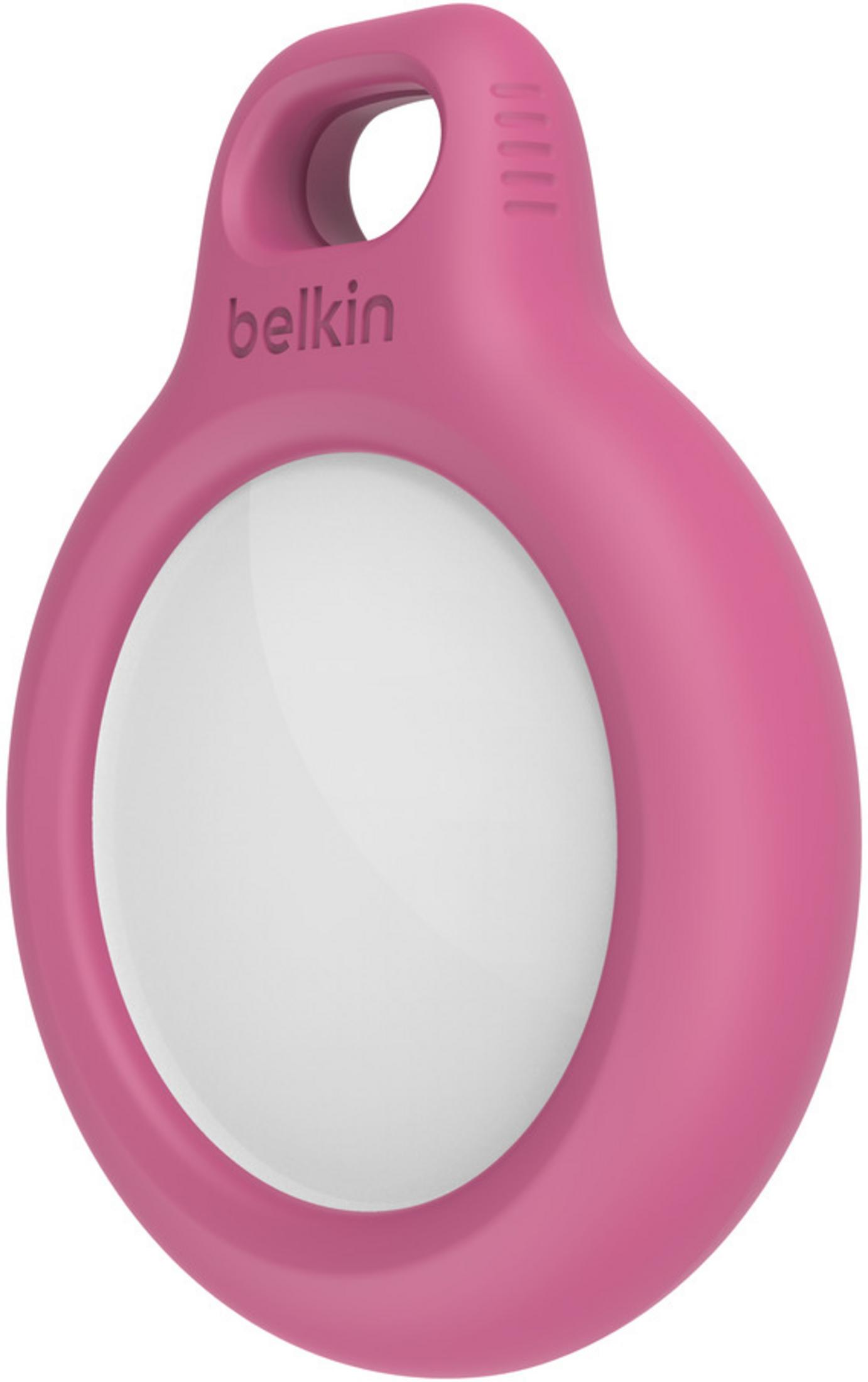Een roze Belkin tracker met een witte midden en een lus om op te hangen.