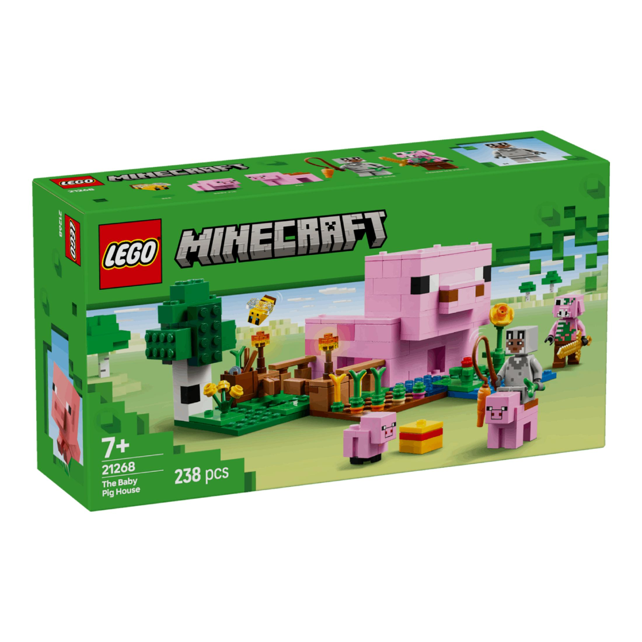 Zestaw LEGO Minecraft z domkiem świni, postaciami i akcesoriami.