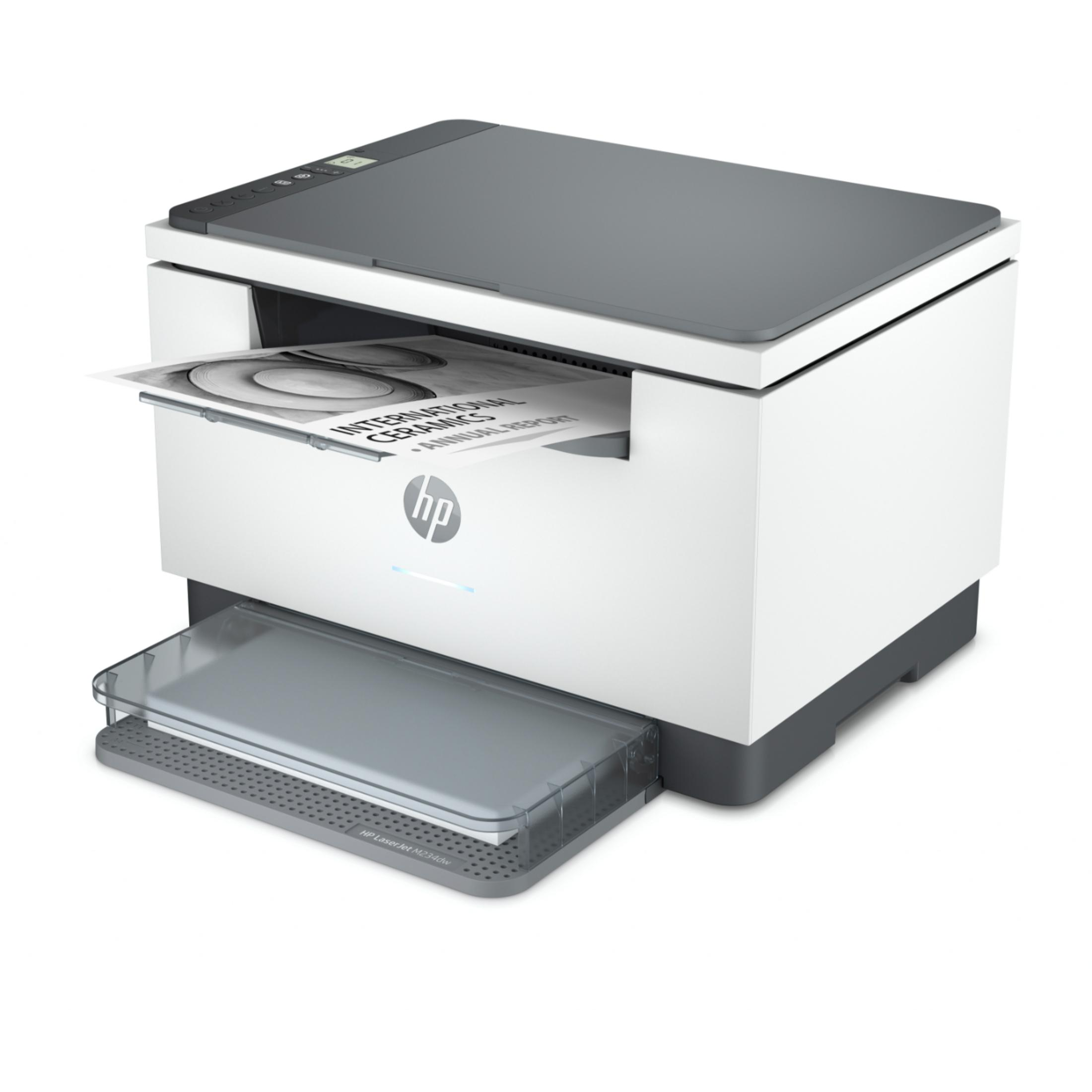 Biała drukarka laserowa HP z szarą pokrywą i tacą na papierze wysuwającą dokument.