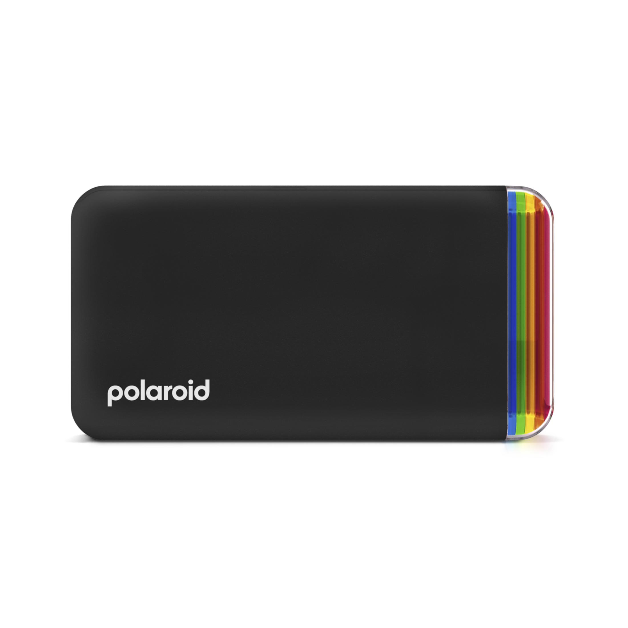 Schwarzes Polaroid-Gerät mit bunten Streifen an der Seite.