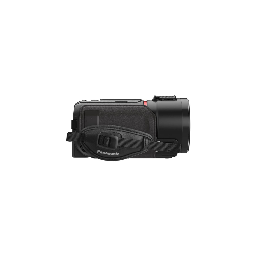 Schwarzer Panasonic Camcorder mit Tragegurt, seitlich mit weißem Hintergrund.
