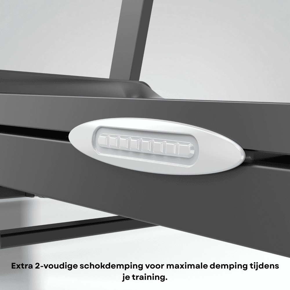 Een witte schokdemper met zeven verticale lijnen op een zwarte loopband.