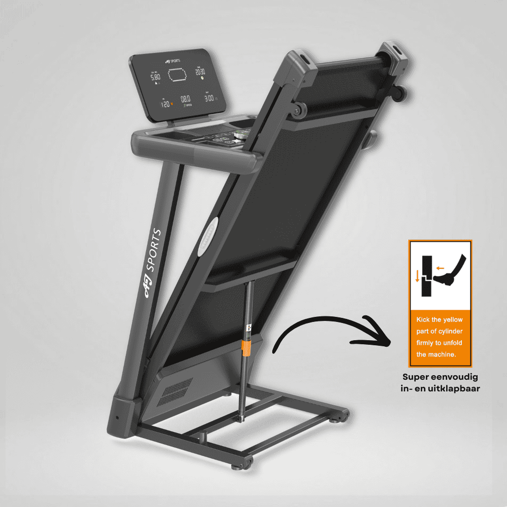 Zwarte loopband, ingeklapt, met digitaal display en vouwinstructies.