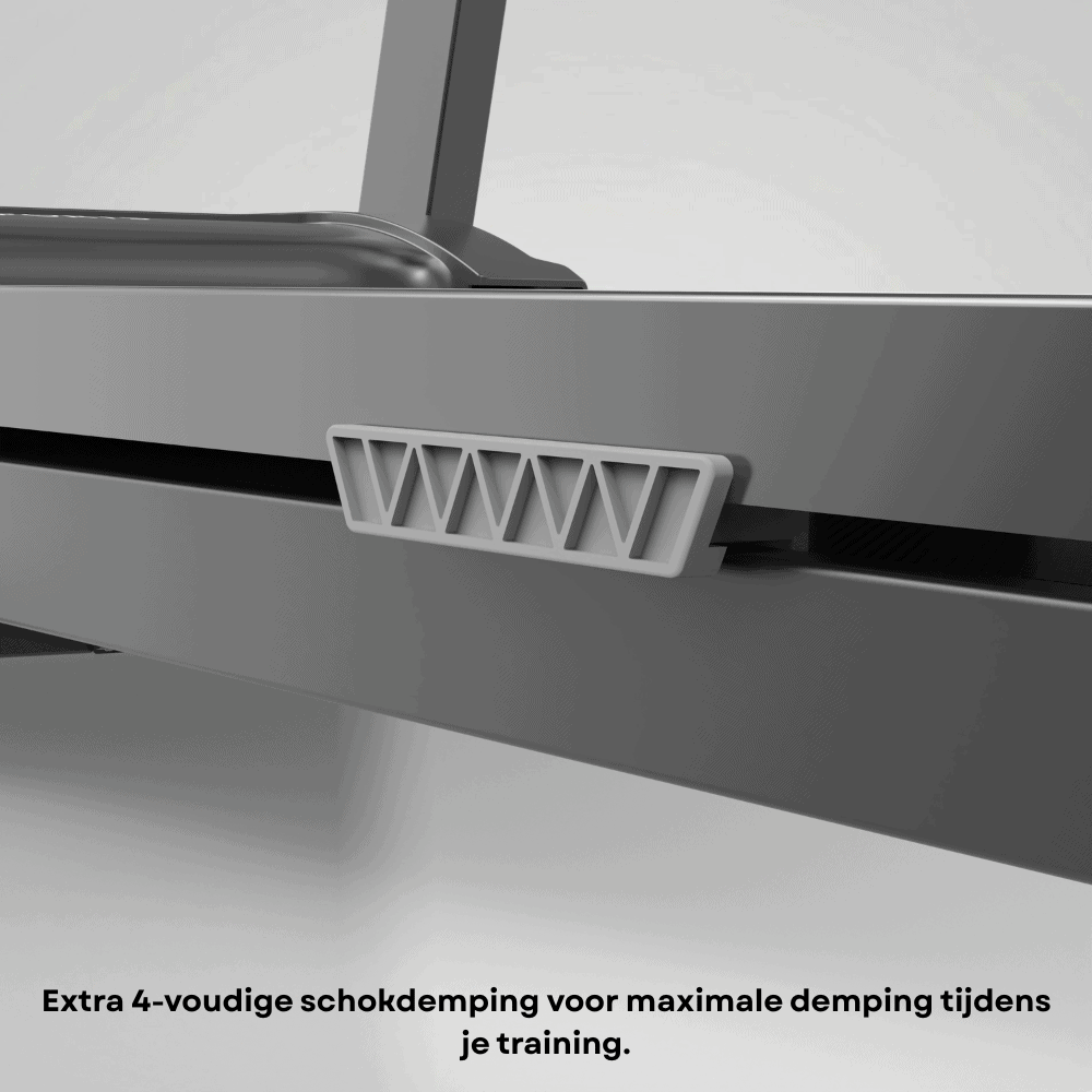 Grijze loopband met wit schokdemperdetail en rasterpatroon.
