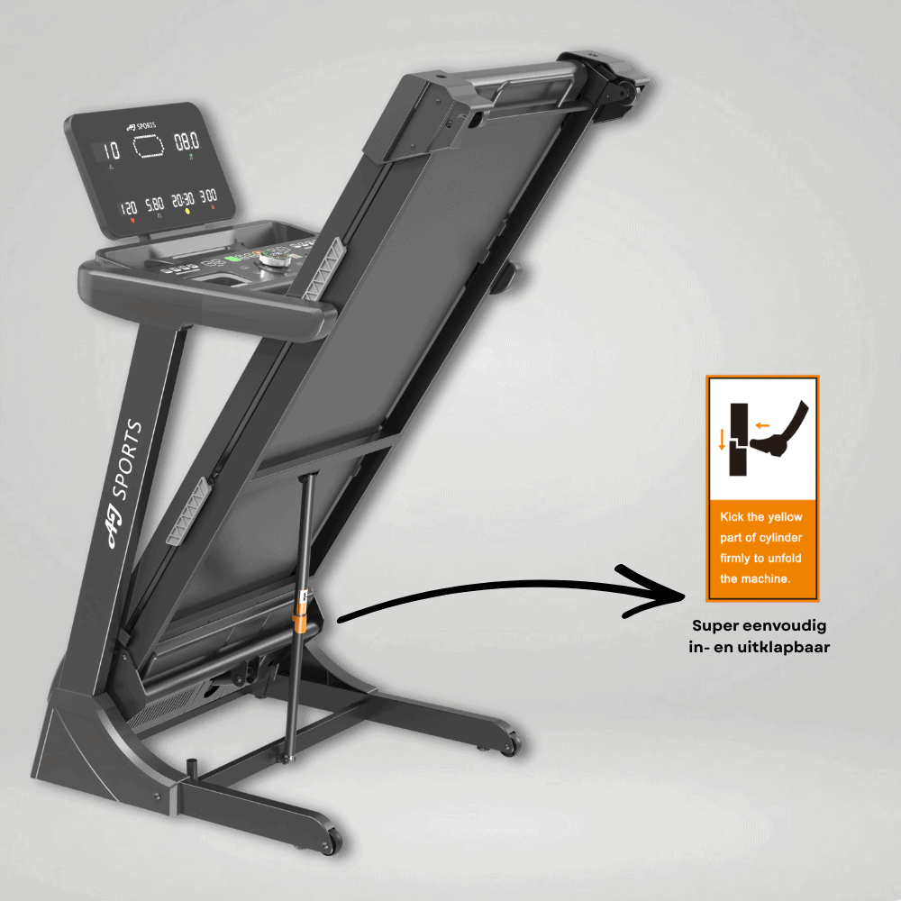 Een zwart loopband met digitaal display en instructieve afbeelding.