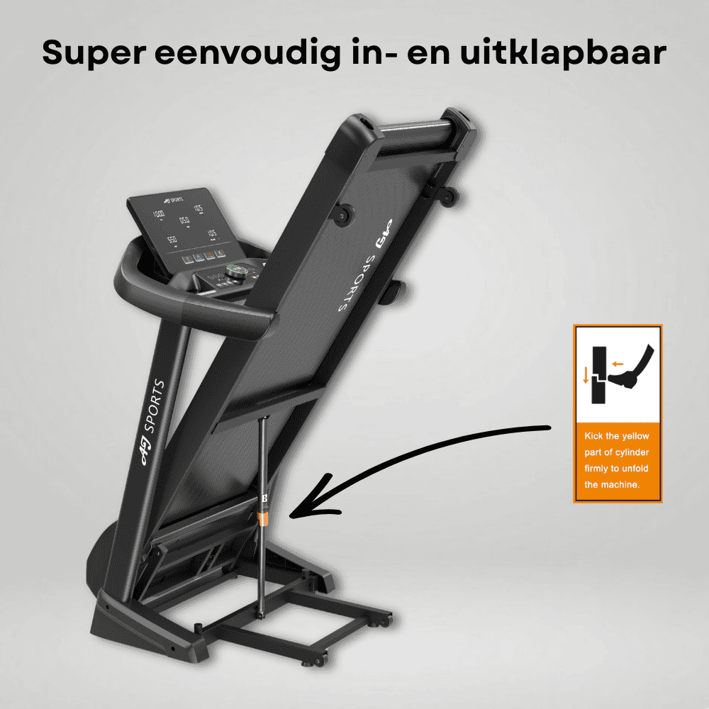 Zwart loopband wordt uitgeklapt; gele cilinder tilt machine omhoog.