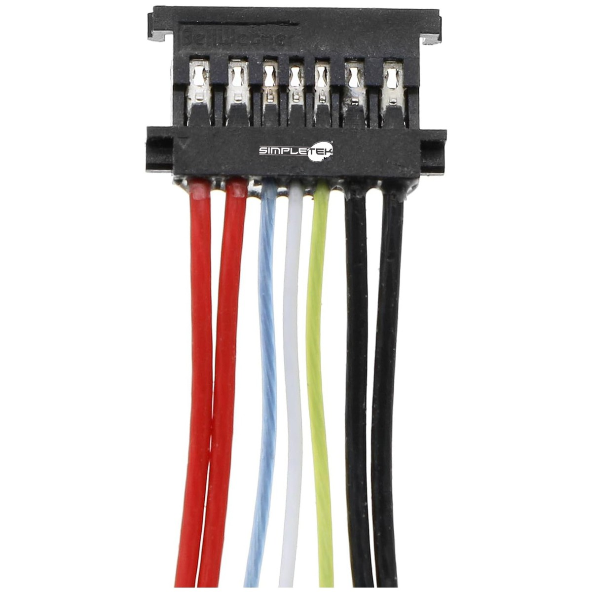 Un conector negro con seis cables de colores: rojo, rojo, azul, blanco, verde, negro.