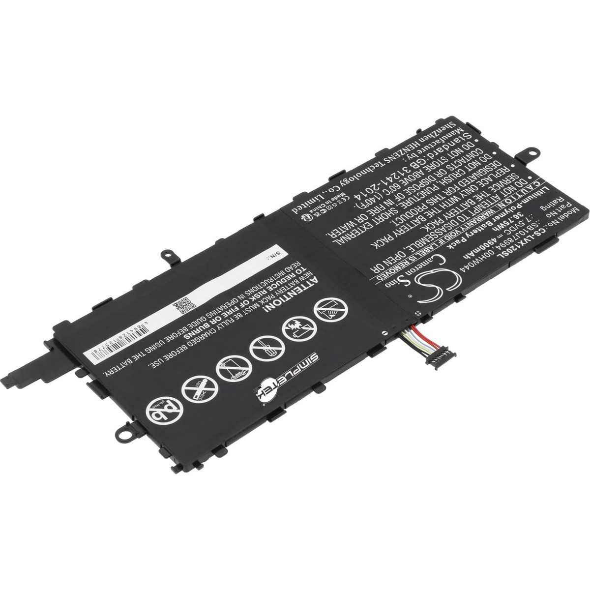 Batteria ai polimeri di litio nera con cavo e simboli di avvertenza.