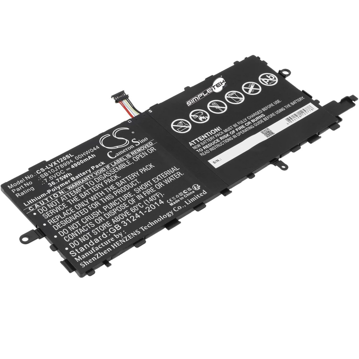 Batteria nera per laptop con etichette che dettagliano modello, numero parte, valutazione e avvertenze.