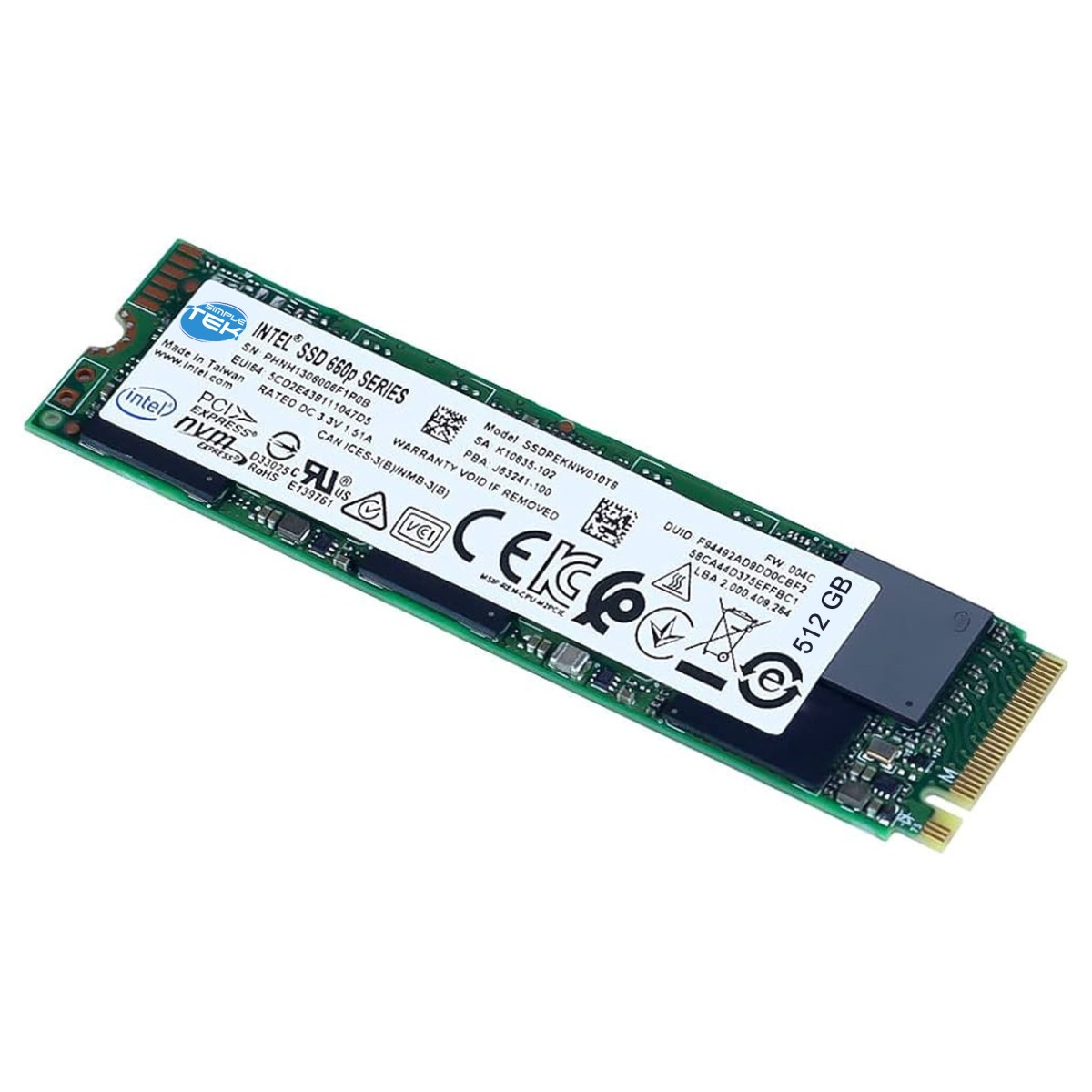 SSD NVMe Intel 512 Go Série 660p M.2 2280, carte verte, étiquette blanche.