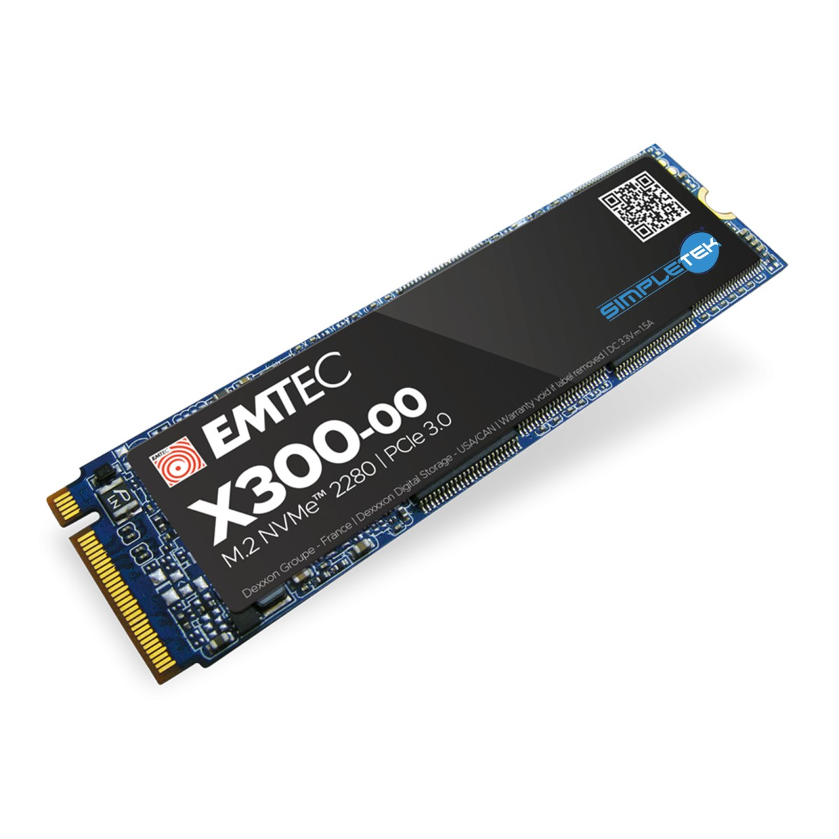 Un SSD M.2 NVMe EMTEC X300-00 sur une étiquette noire avec texte blanc.
