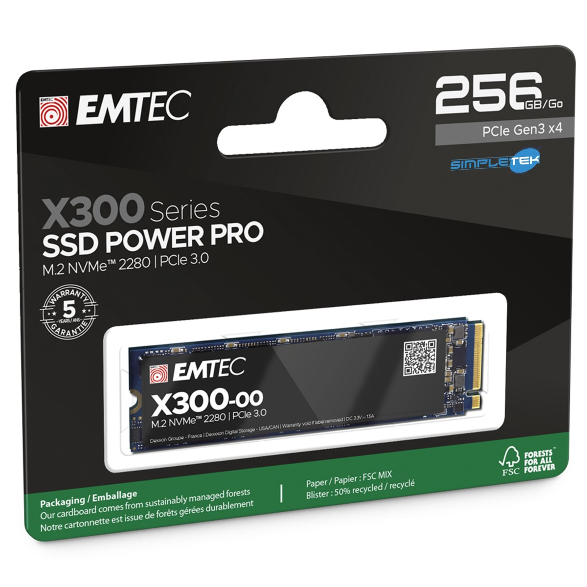 Emballage d'un SSD EMTEC X300 256 Go avec M.2 NVMe 2280 et PCIe 3.0.