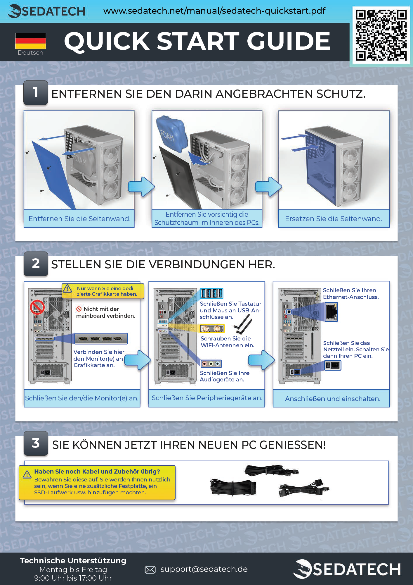 Anleitung zum Zusammenbau eines PCs: Seitenwand entfernen, Schaumstoff entfernen, Seitenwand anbringen.