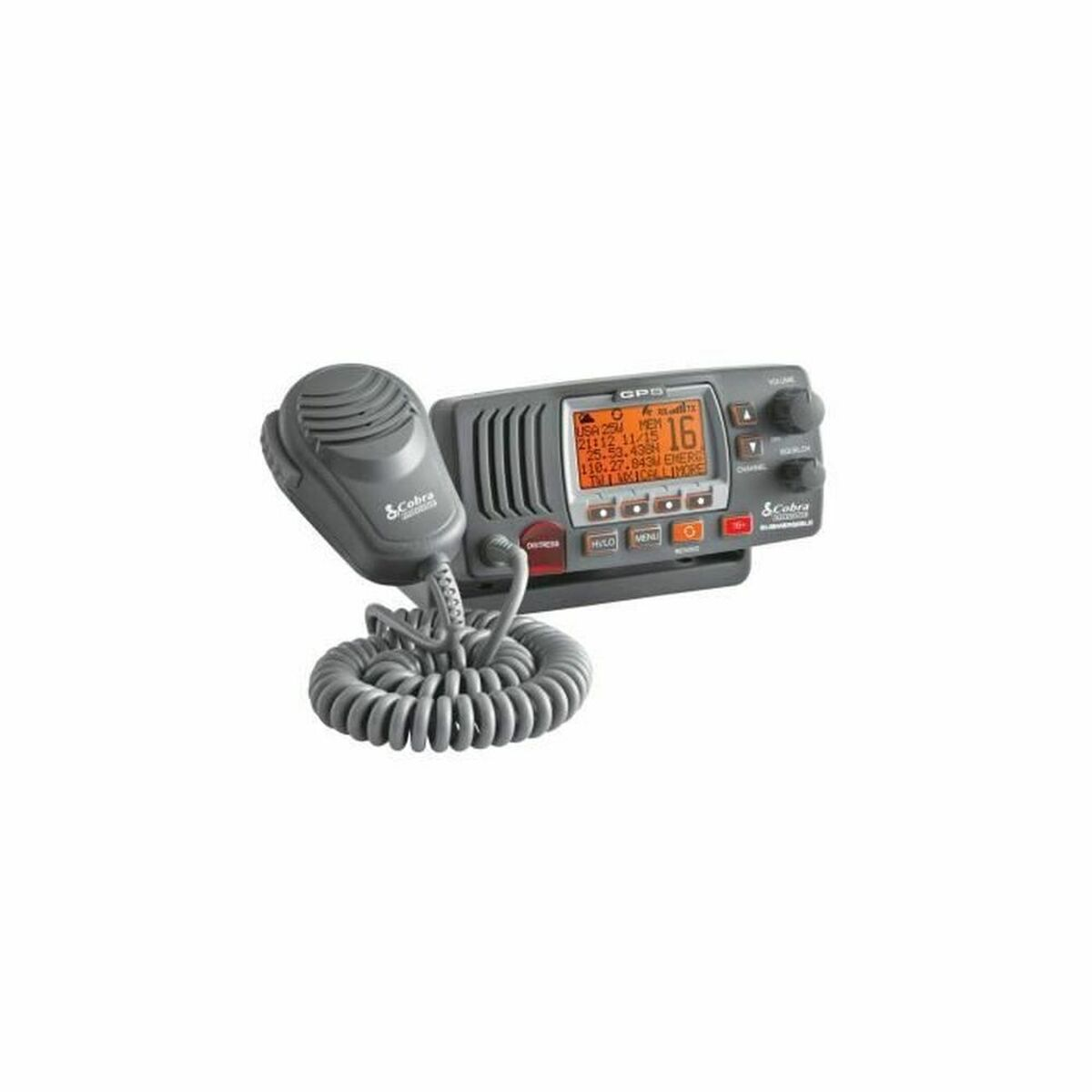 Una radio Cobra grigia con microfono e display digitale.