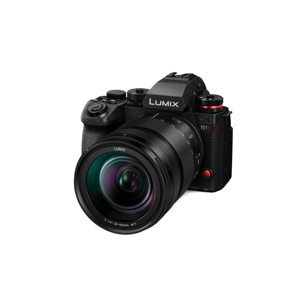 Eine schwarze Lumix S1H Kamera mit einem 24-105mm Objektiv.