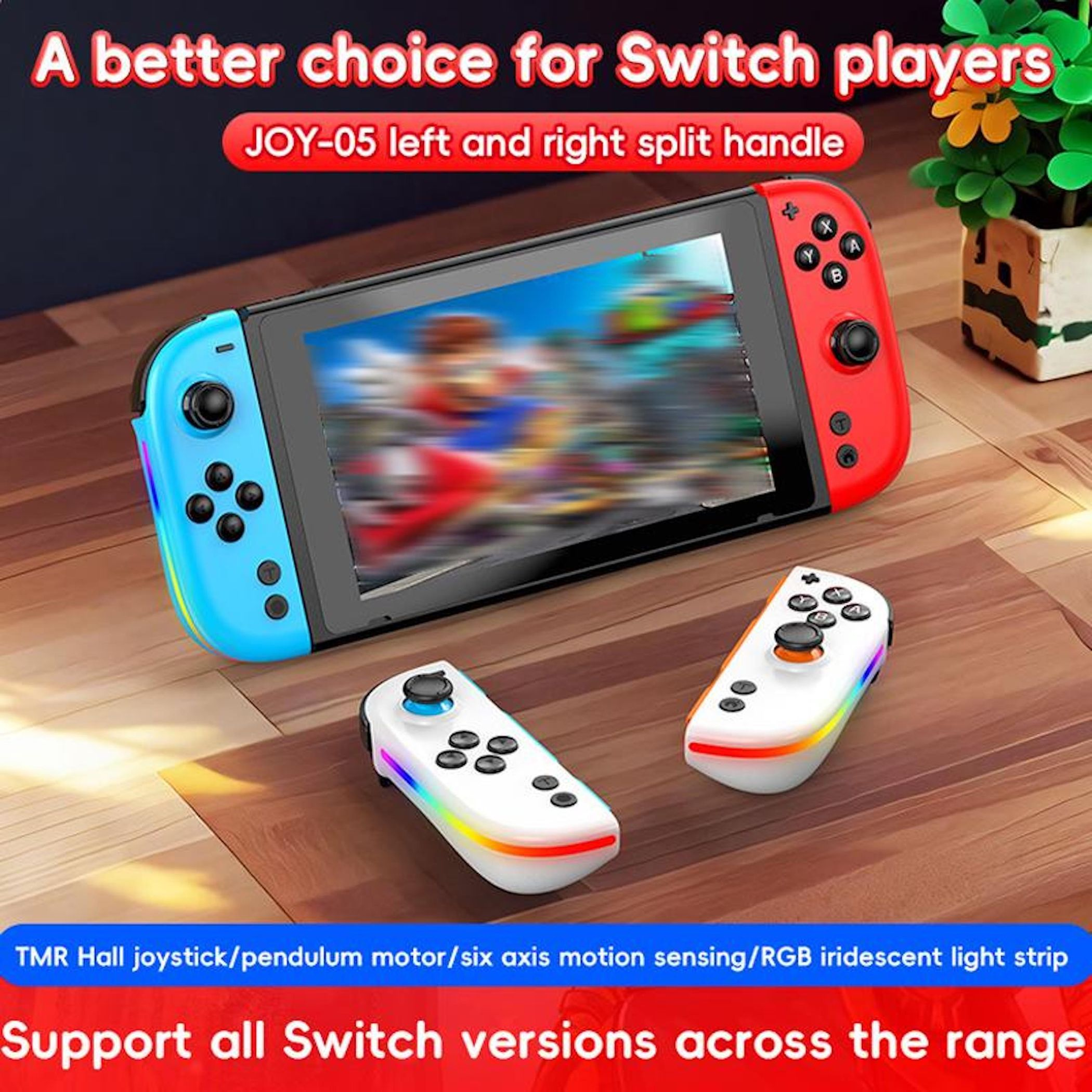 Ein Nintendo Switch mit roten und blauen Joy-Cons und weißen Controllern.