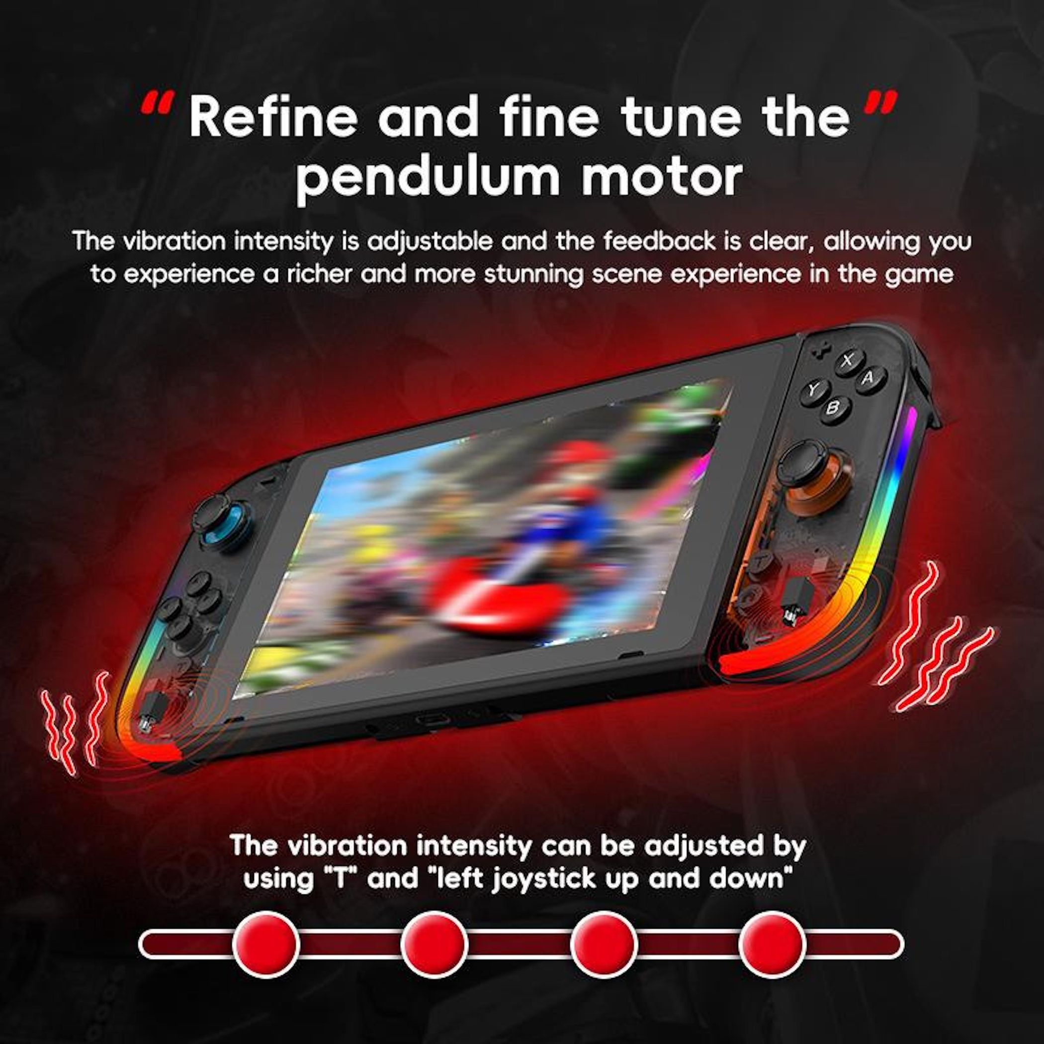 Ein schwarzer Handheld-Controller mit einem bunten Lichtstreifen und einem Rennspiel auf dem Bildschirm.