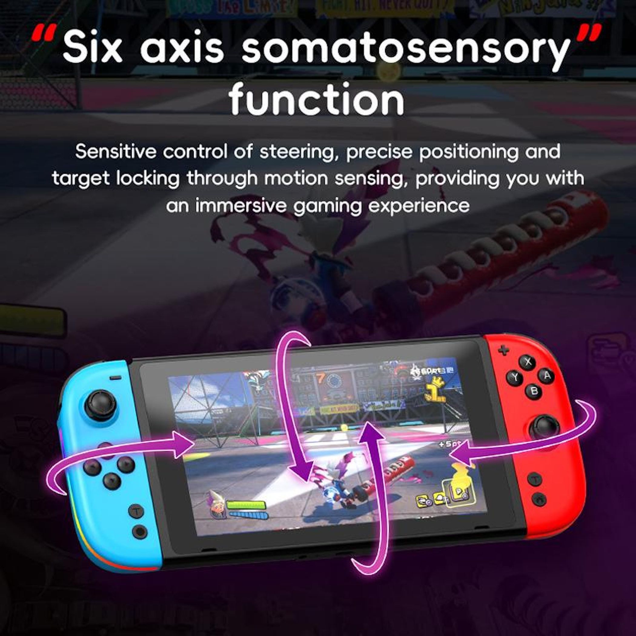 Nintendo Switch mit Joy-Cons, die eine Six-Axis-Funktion für Spiele zeigen.