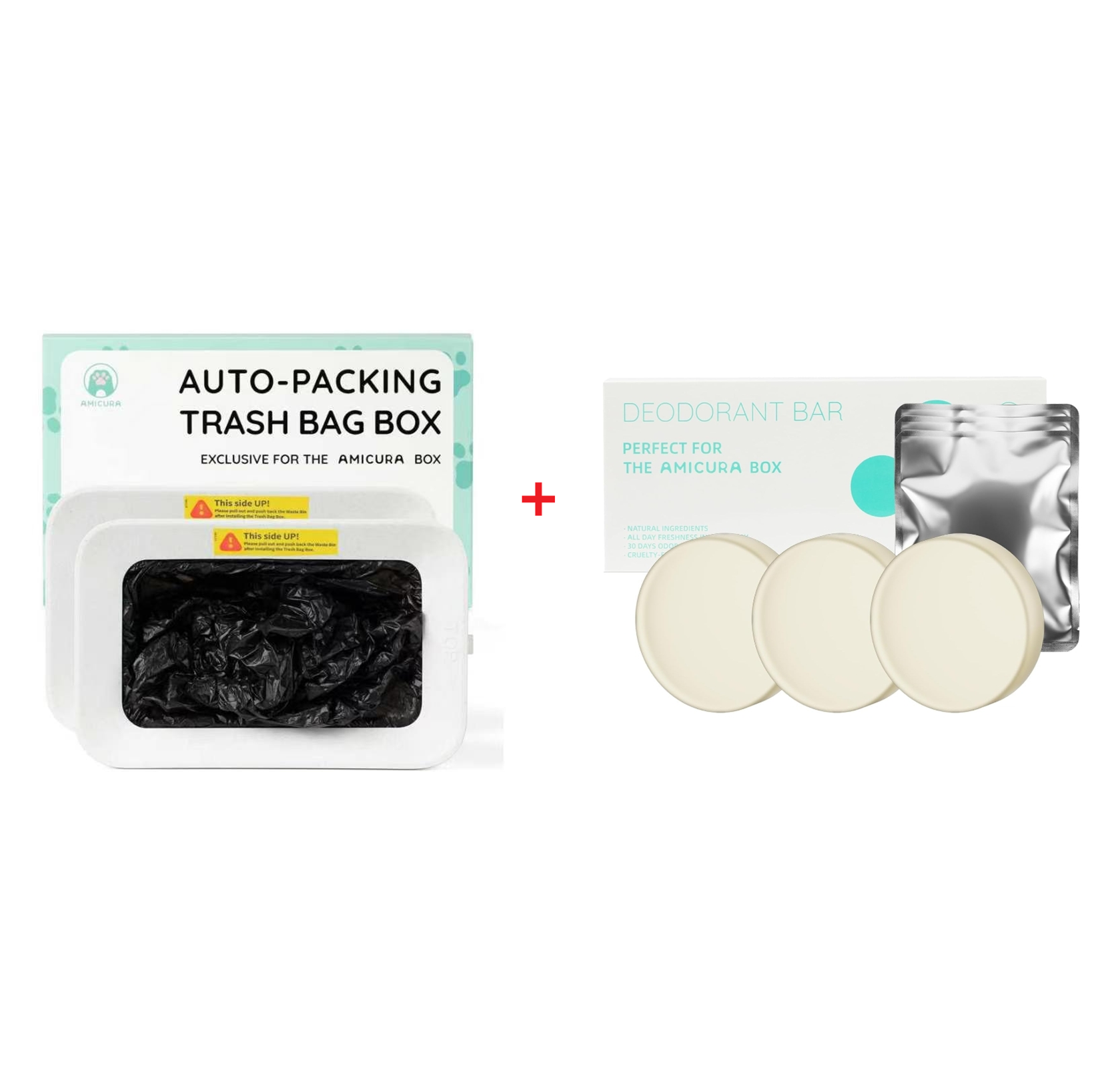 Ein Mülleimerbox-Set und ein Deodorant-Bar-Set mit drei runden Seifen.
