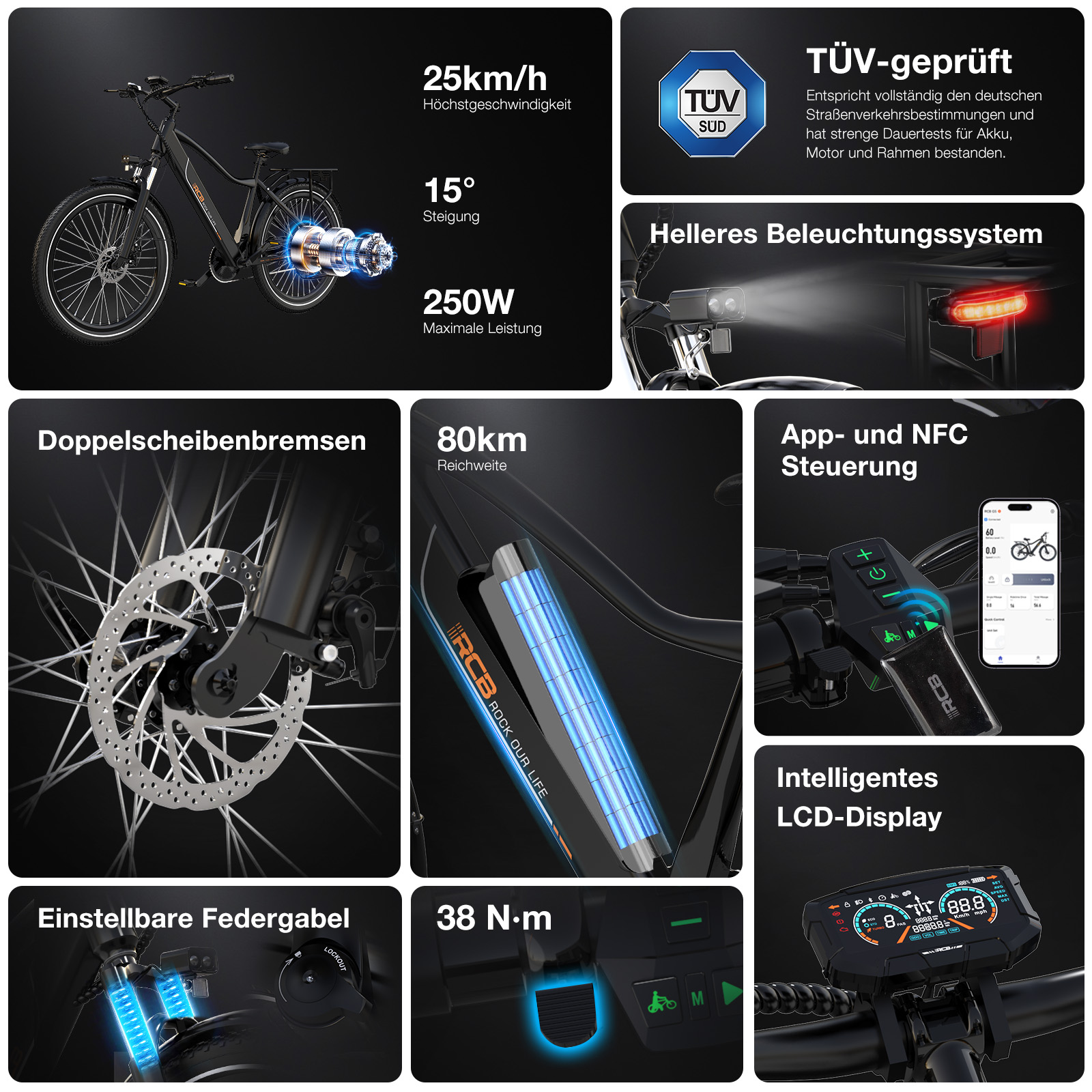 E-Bike-Details: 25km/h, 15° Steigung, 250W, Doppelscheibenbremsen, 80km Reichweite, Licht, App-Steuerung, Display.