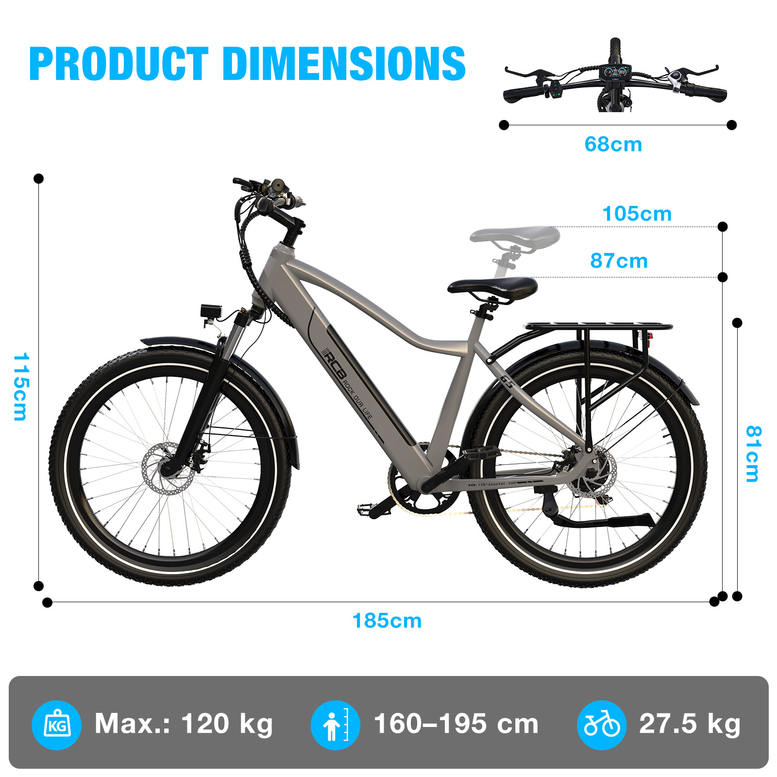 Bicicleta eléctrica gris con dimensiones: 185cm L, 115cm A, 68cm An. Máx. 120kg.