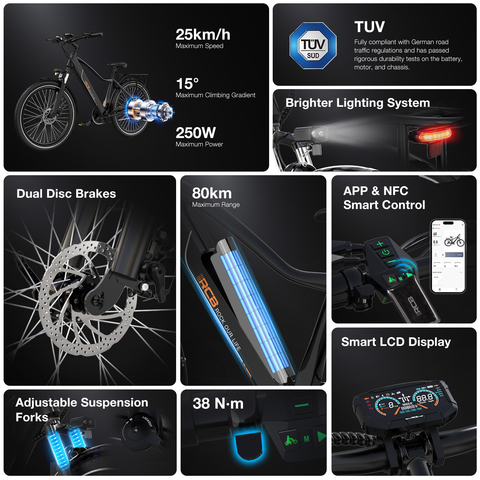 Bicicleta eléctrica: 25 km/h máx. velocidad, 15° pendiente, 250W potencia, TUV cert., luces brillantes, frenos de disco, 80km alcance, control app.